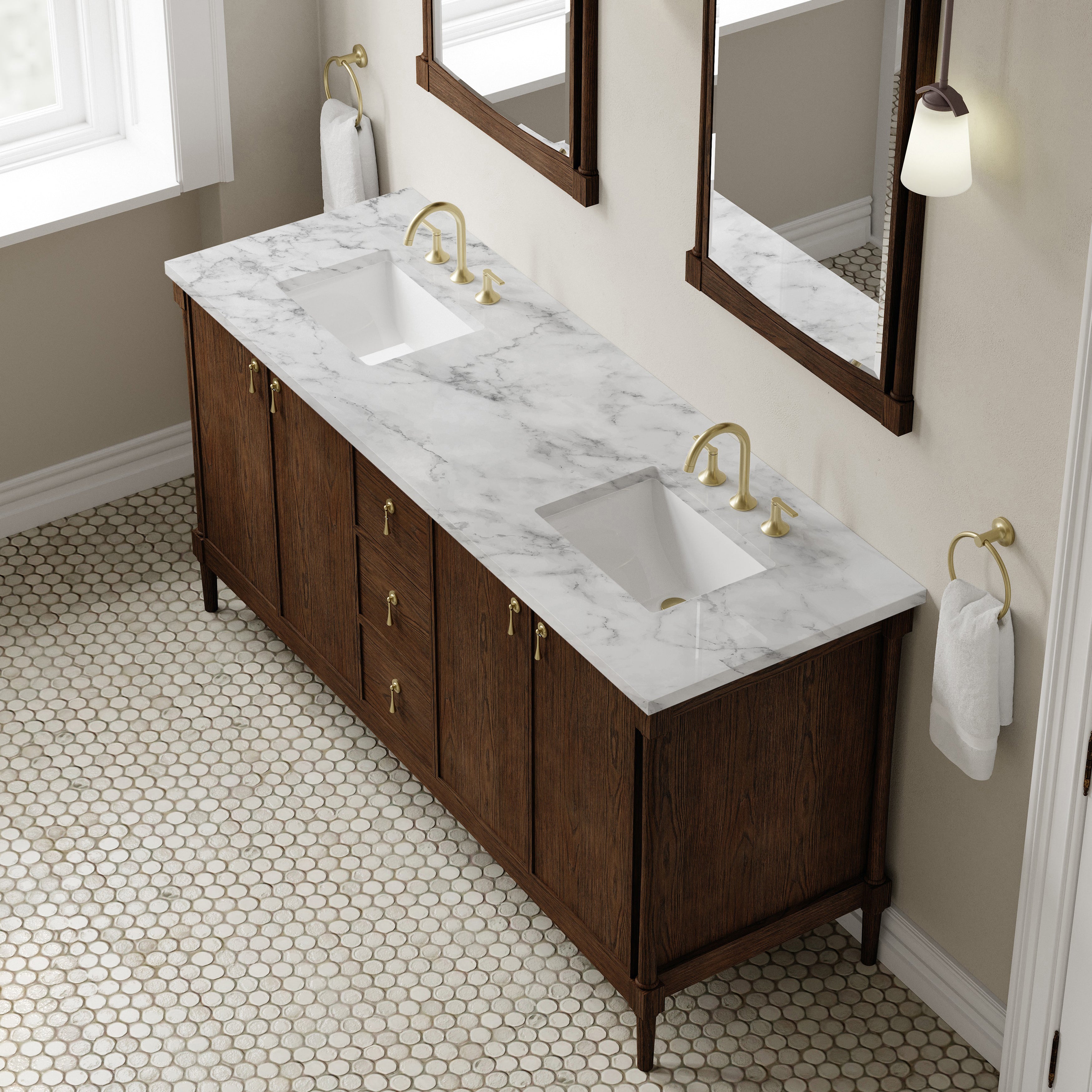 James Martin Kinnsden 72" Double Vanity in Sable Oak with 3cm Carrara Marble Top