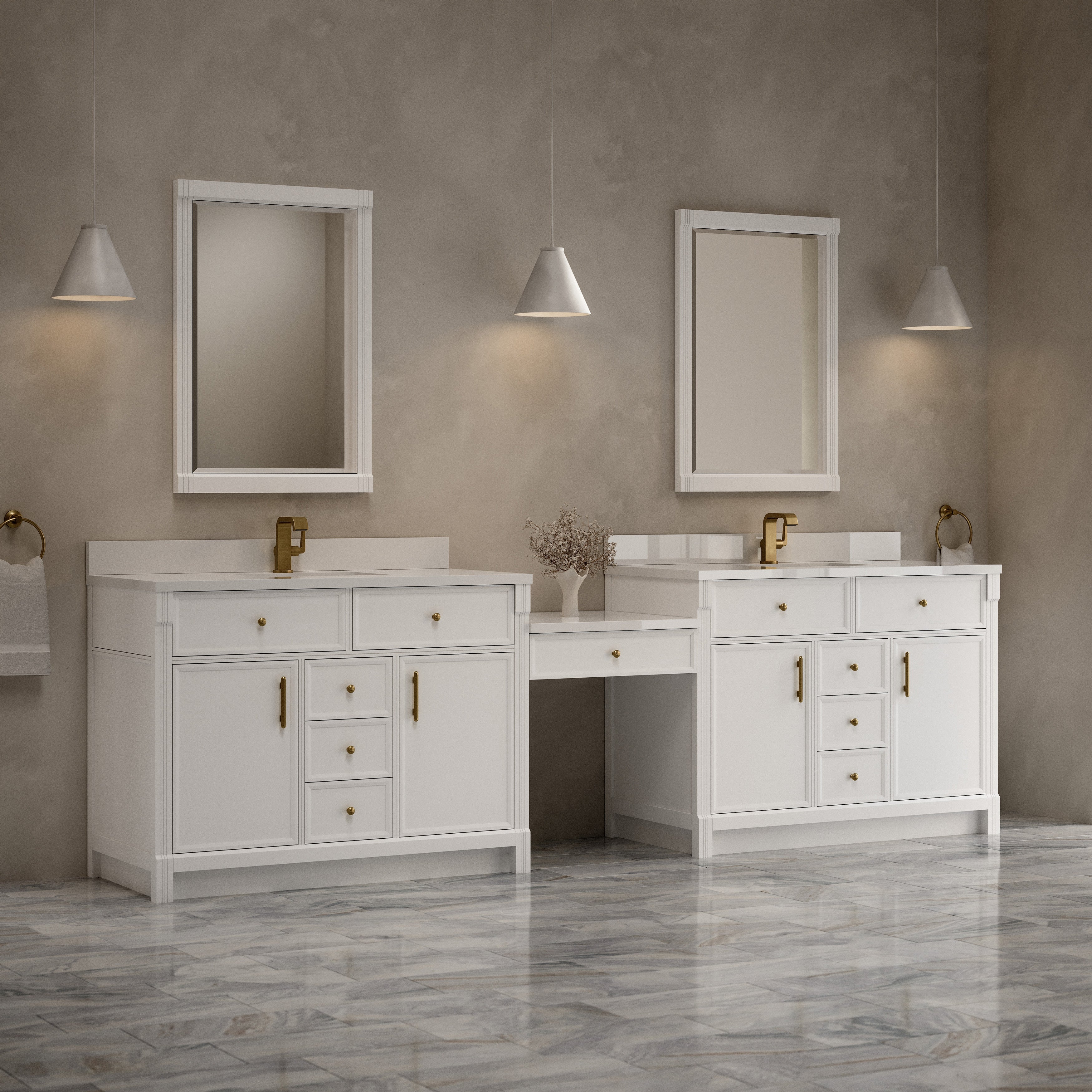 James Martin Bellshire 120" Dual Vanity Set with 24" Make-Up Counter in Bright White with 3cm Countertop