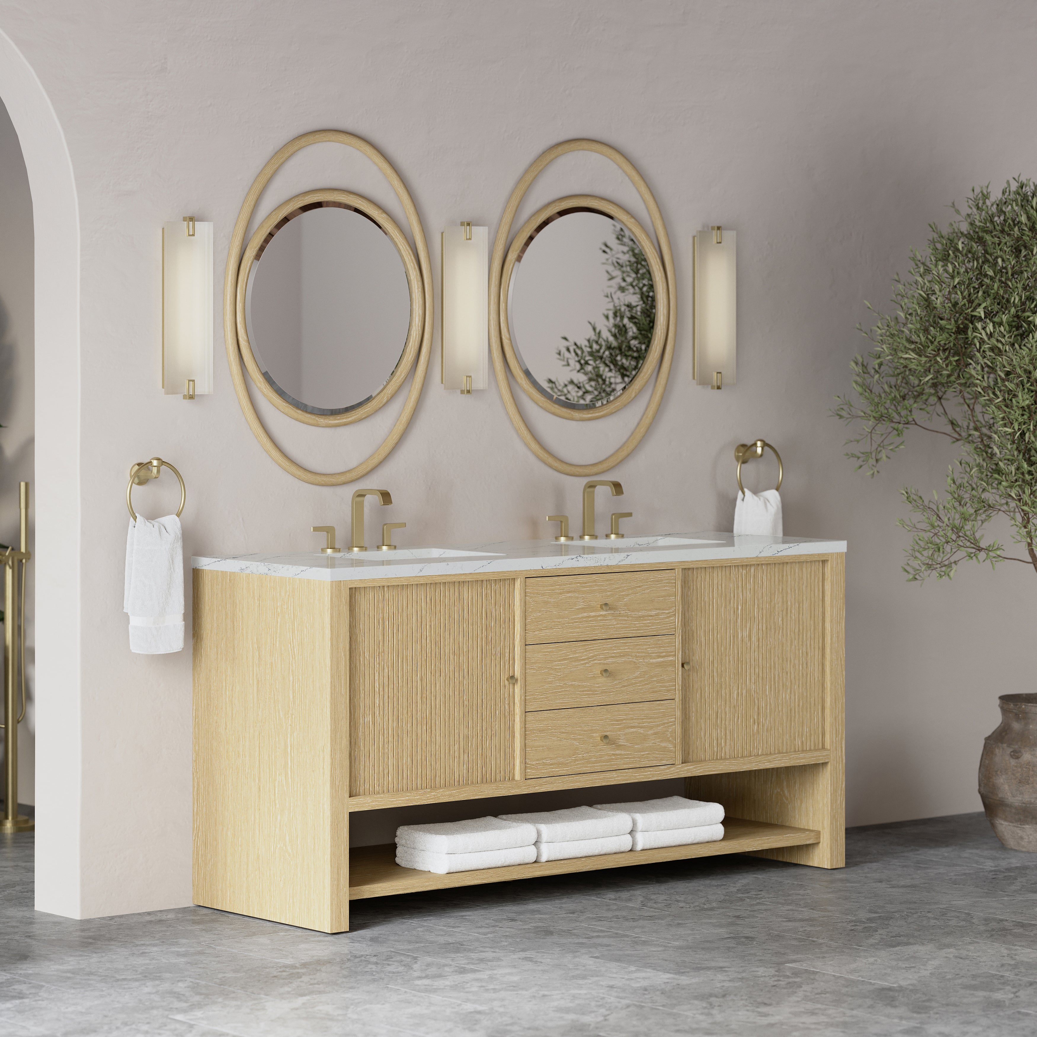 James Martin Marigot 72" Double Vanity in Sunwashed Oak with 3cm Countertop and FreePower Wireless Charger