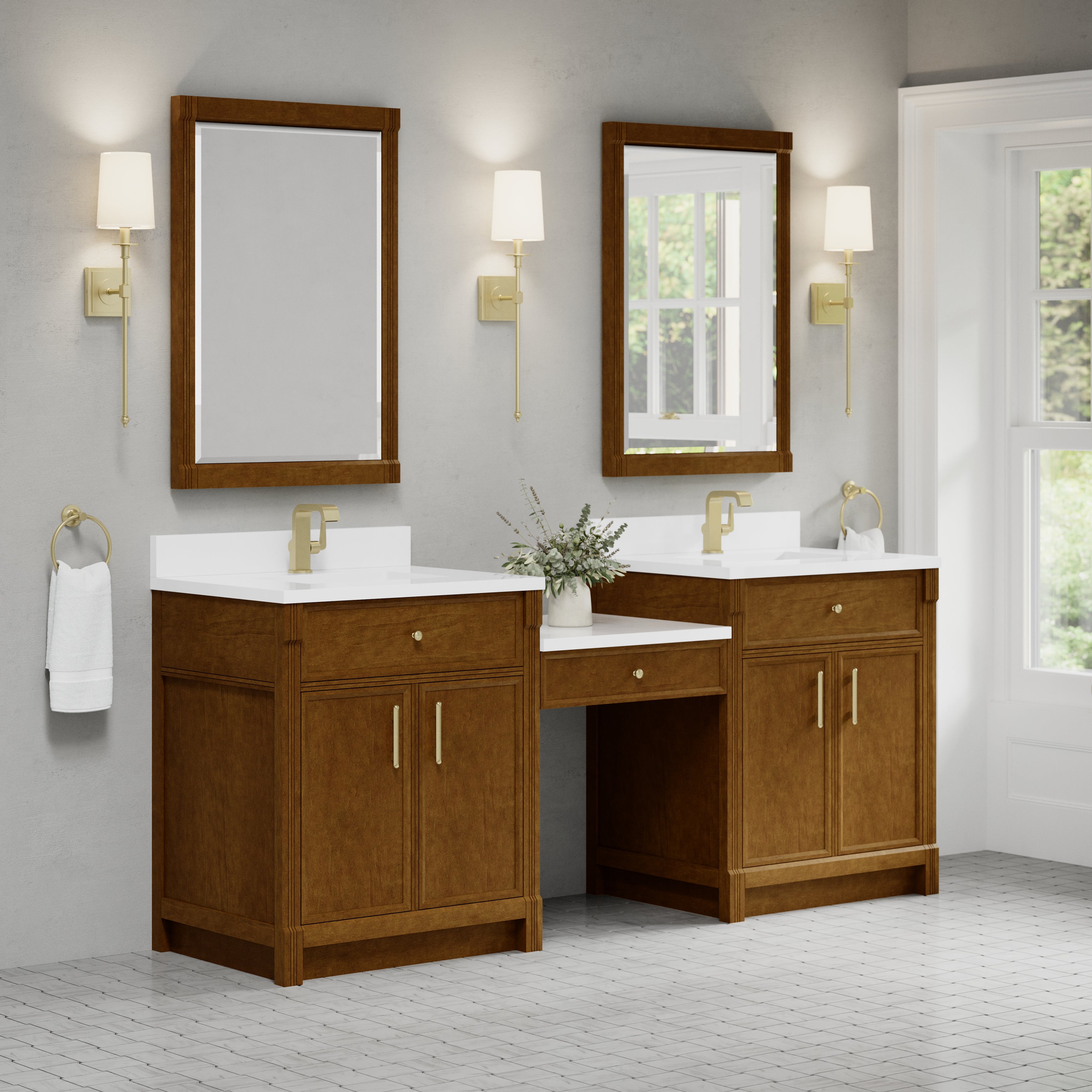James Martin Bellshire 84" Dual Vanity Set with 24" Make-Up Counter in Honey Oak with 3cm Countertop