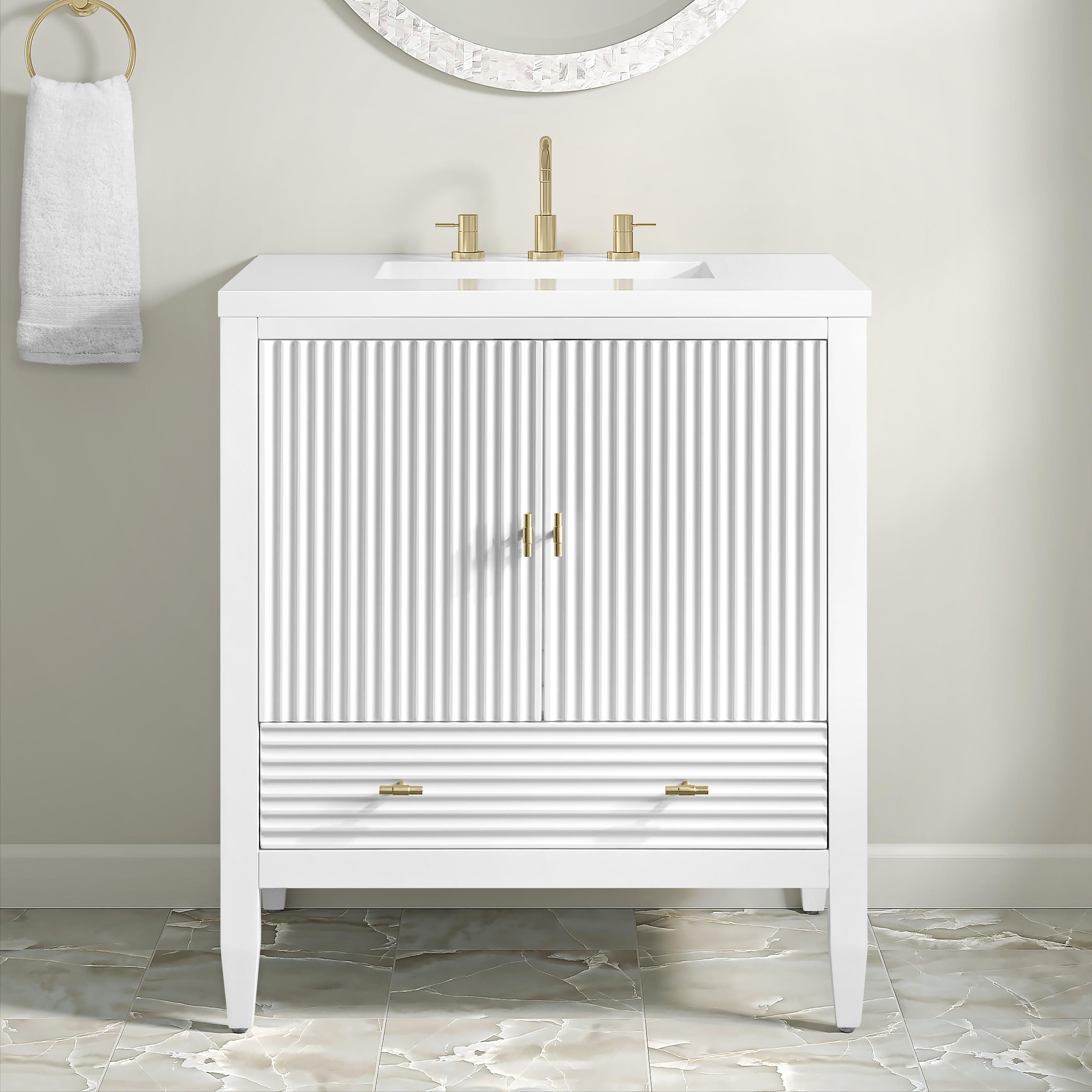 James Martin Myrrin 30" Single Vanity in Bright White with 3cm Countertop