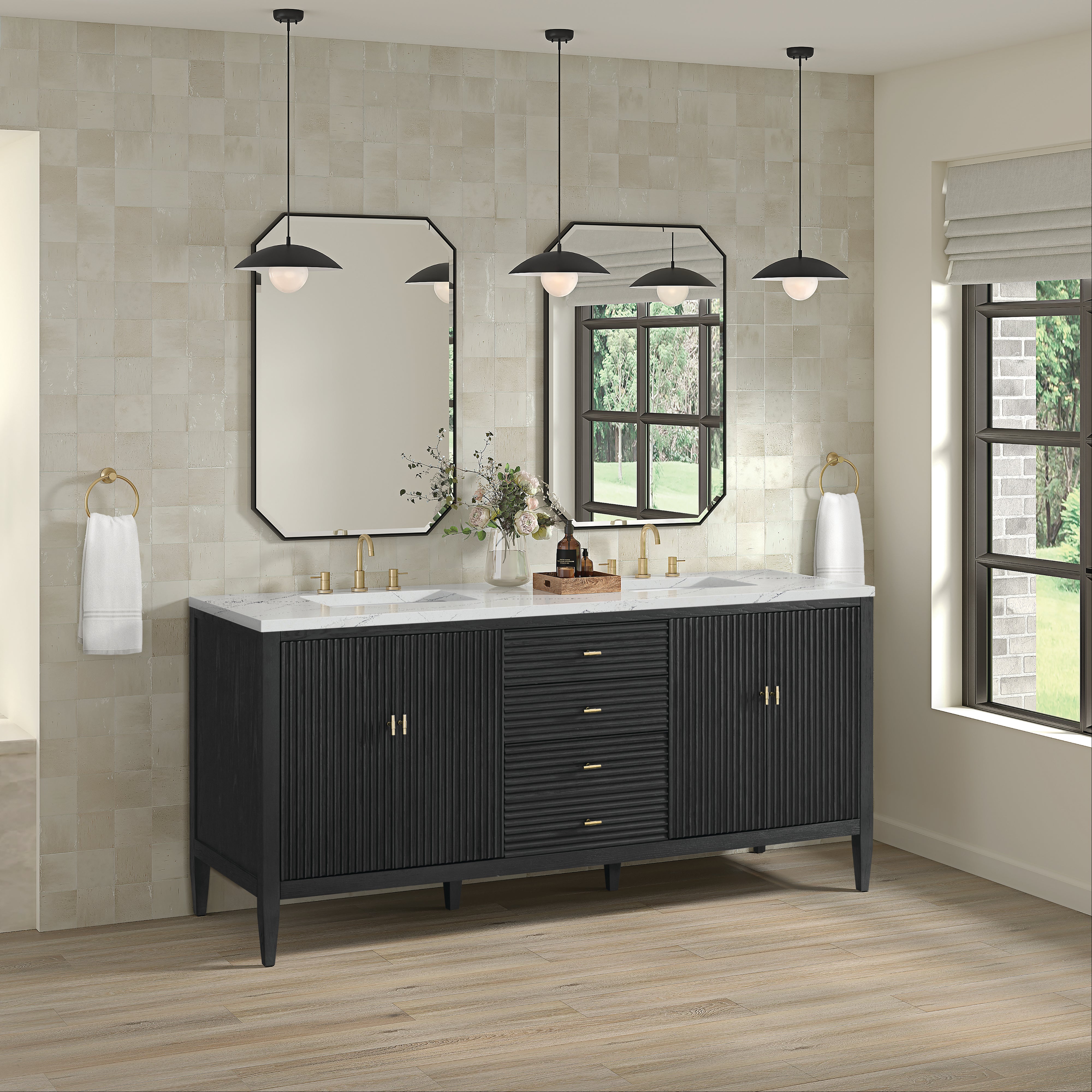 James Martin Myrrin 72" Double Vanity in Carbon Oak with 3cm Countertop and FreePower Wireless Charger