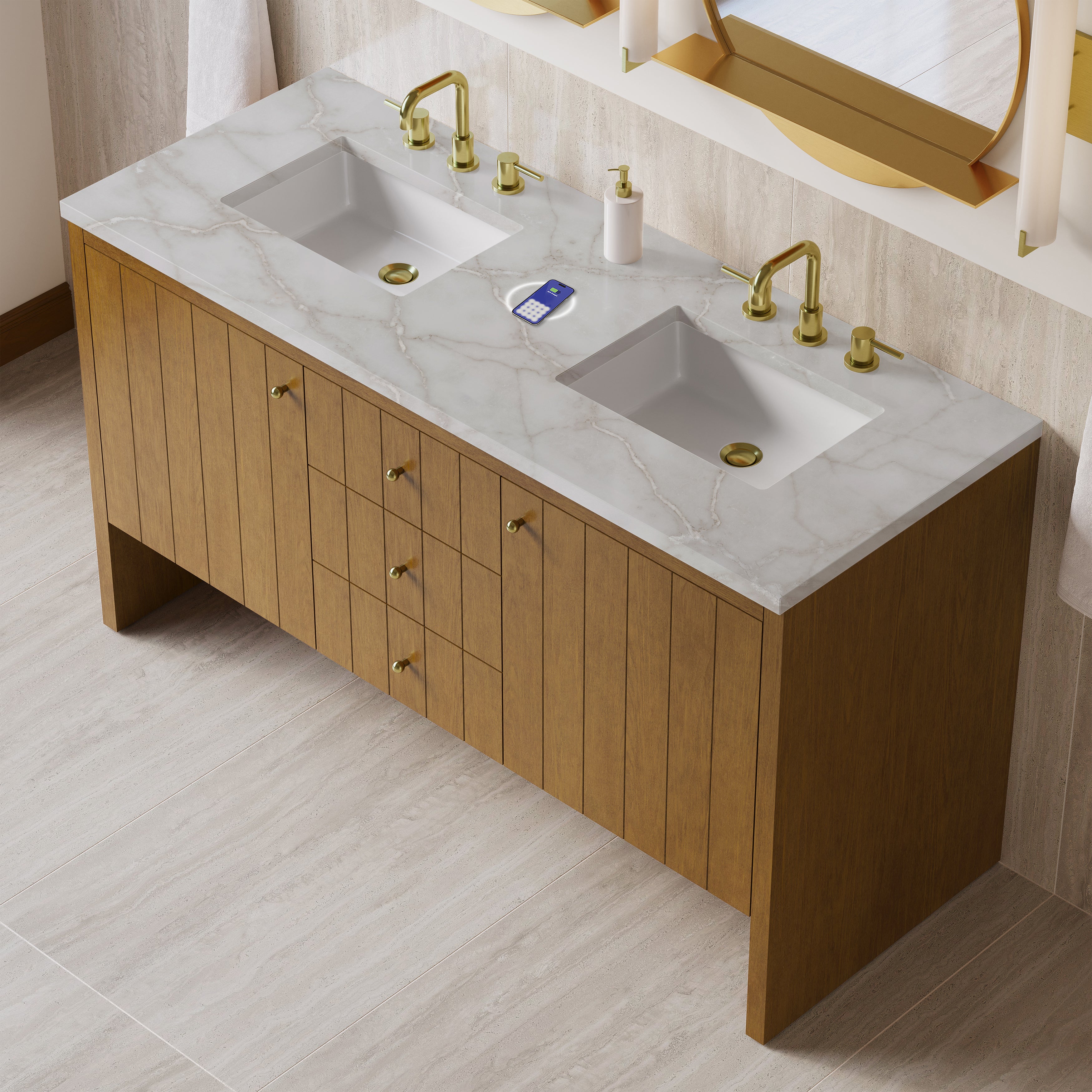 James Martin Hudson 60" Double Vanity in Honey Oak with 3cm Countertop and FreePower Wireless Charger