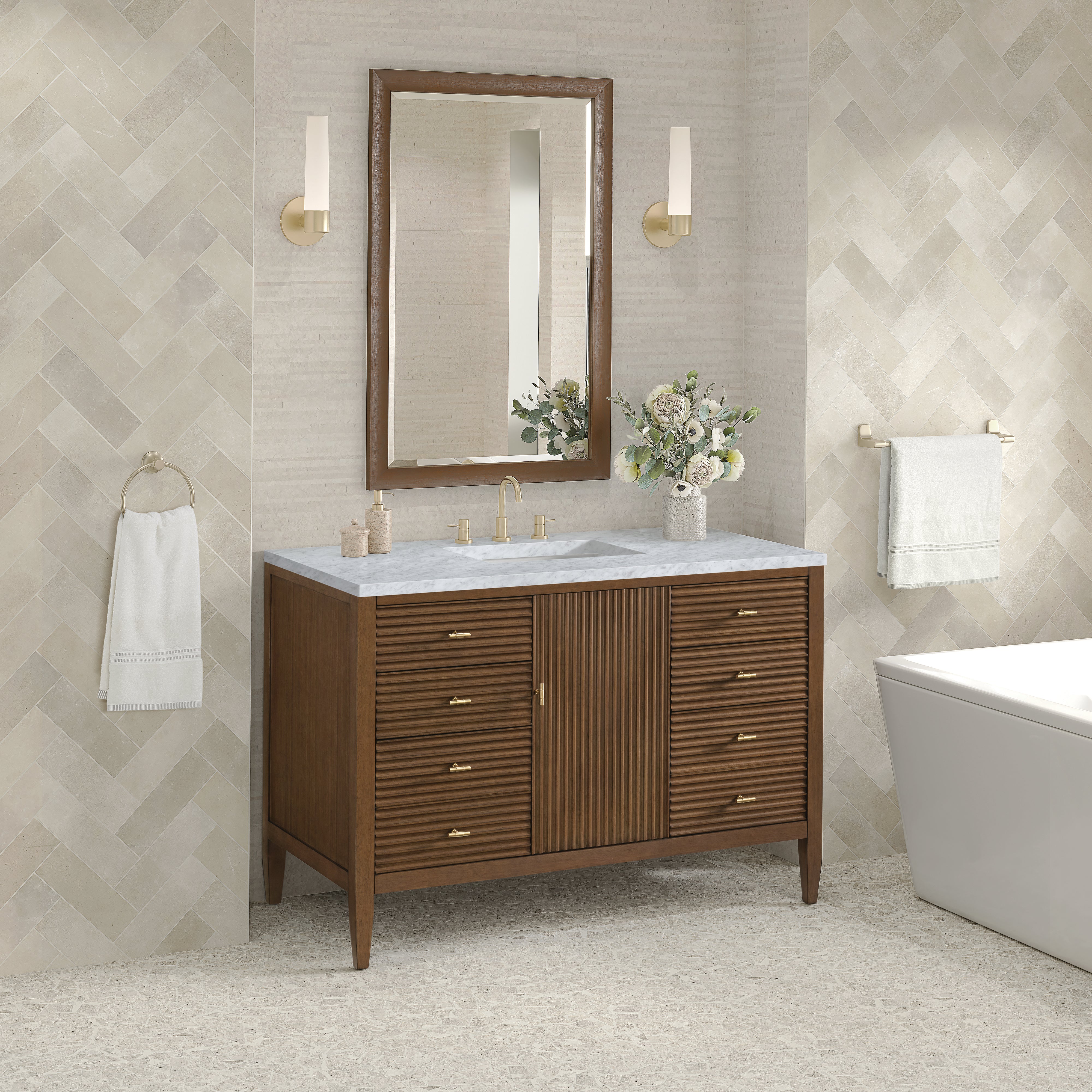 James Martin Myrrin 48" Single Vanity in Mid Century Walnut with 3cm Countertop