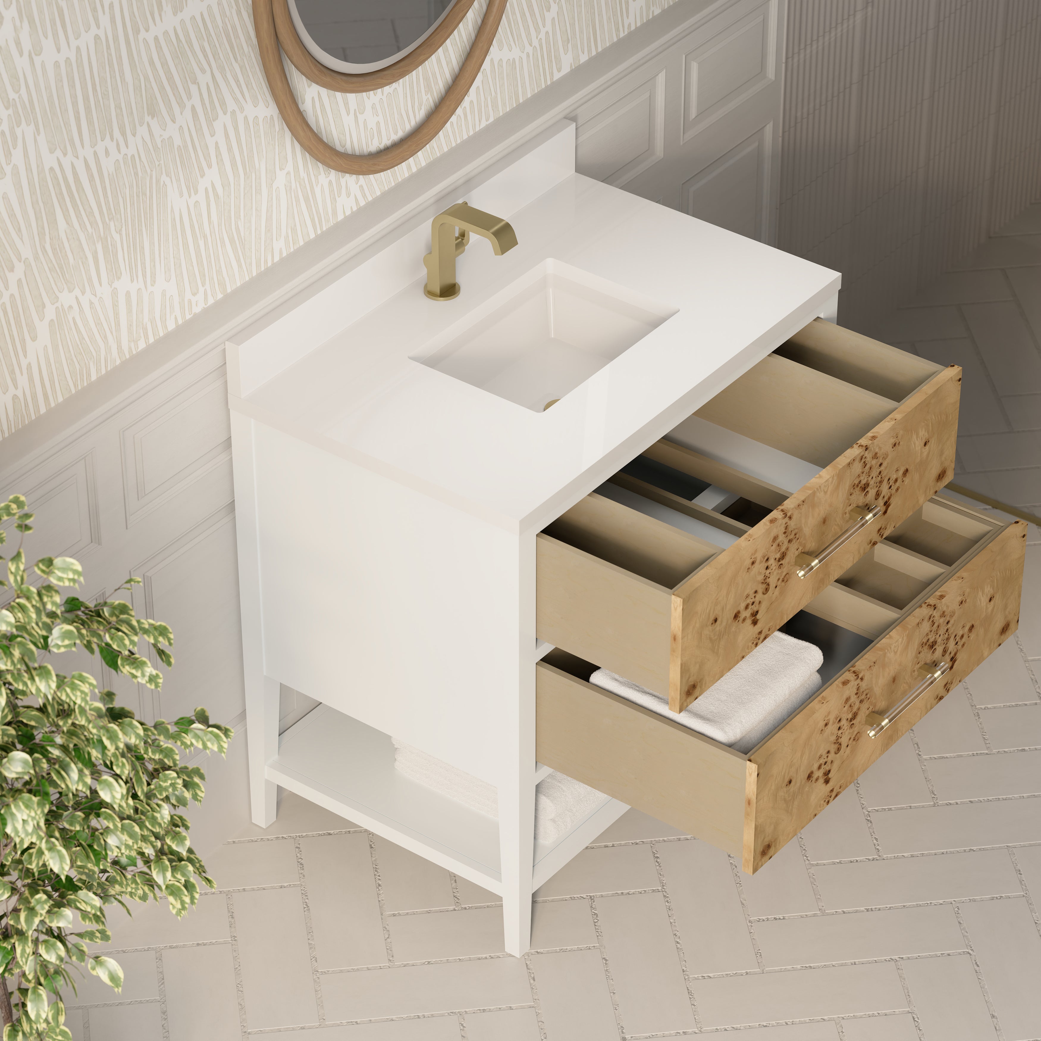 James Martin Olena 36" Single Vanity in Light Mappa Burl and Polished White with 3cm Countertop
