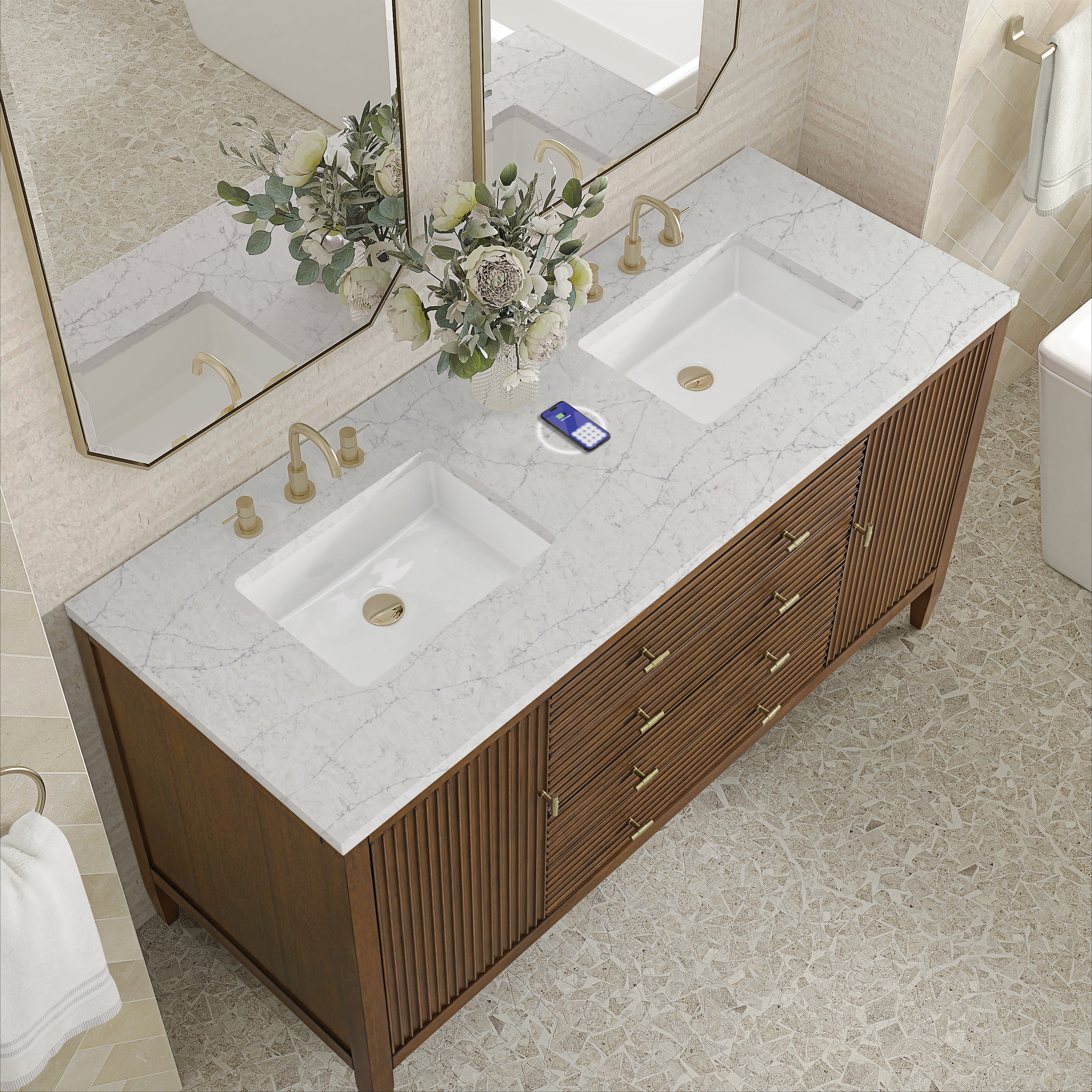 James Martin Myrrin 60" Double Vanity in Mid Century Walnut with 3cm Countertop and FreePower Wireless Charger