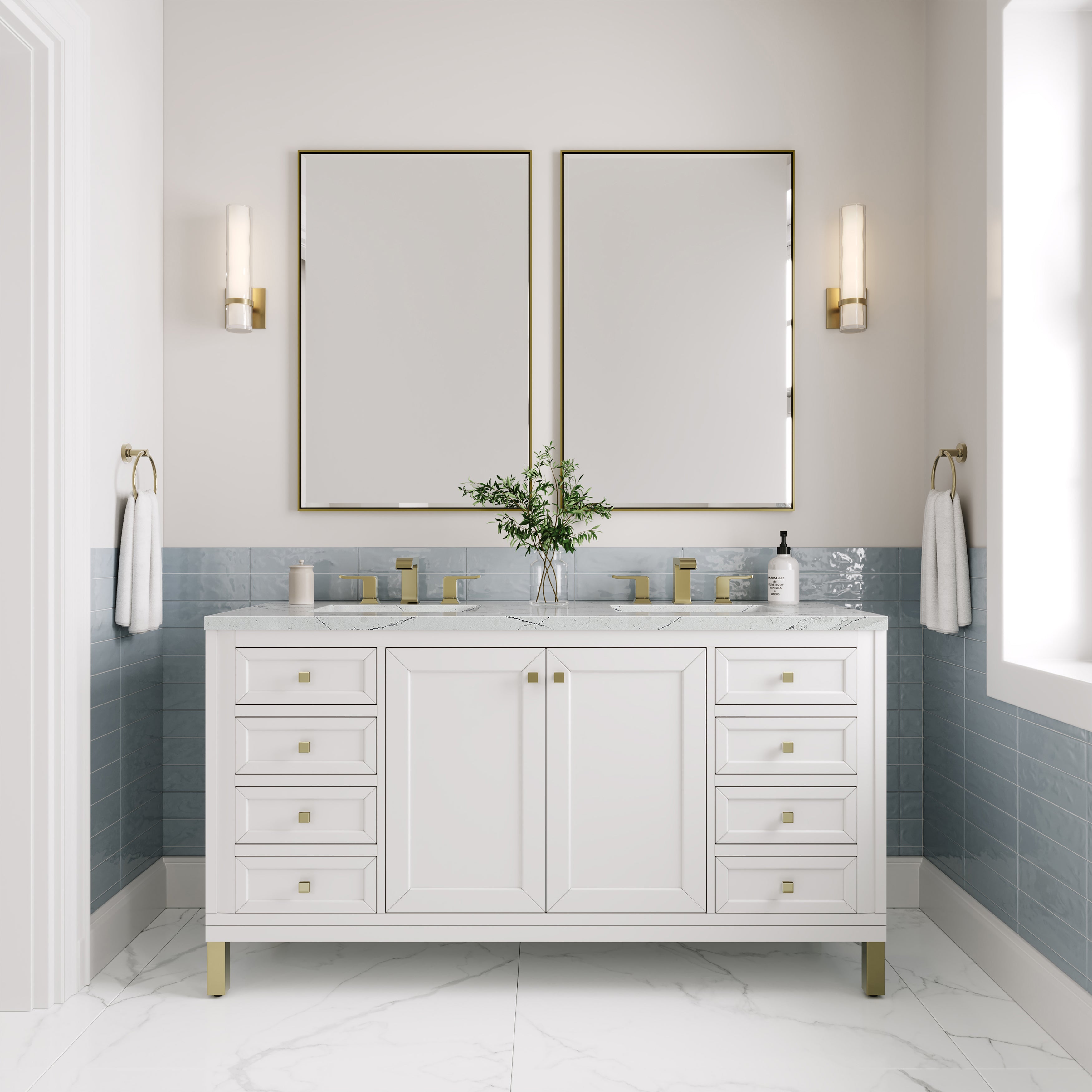 James Martin Chicago 60" Double Vanity in Glossy White with 3cm Countertop and FreePower Wireless Charger