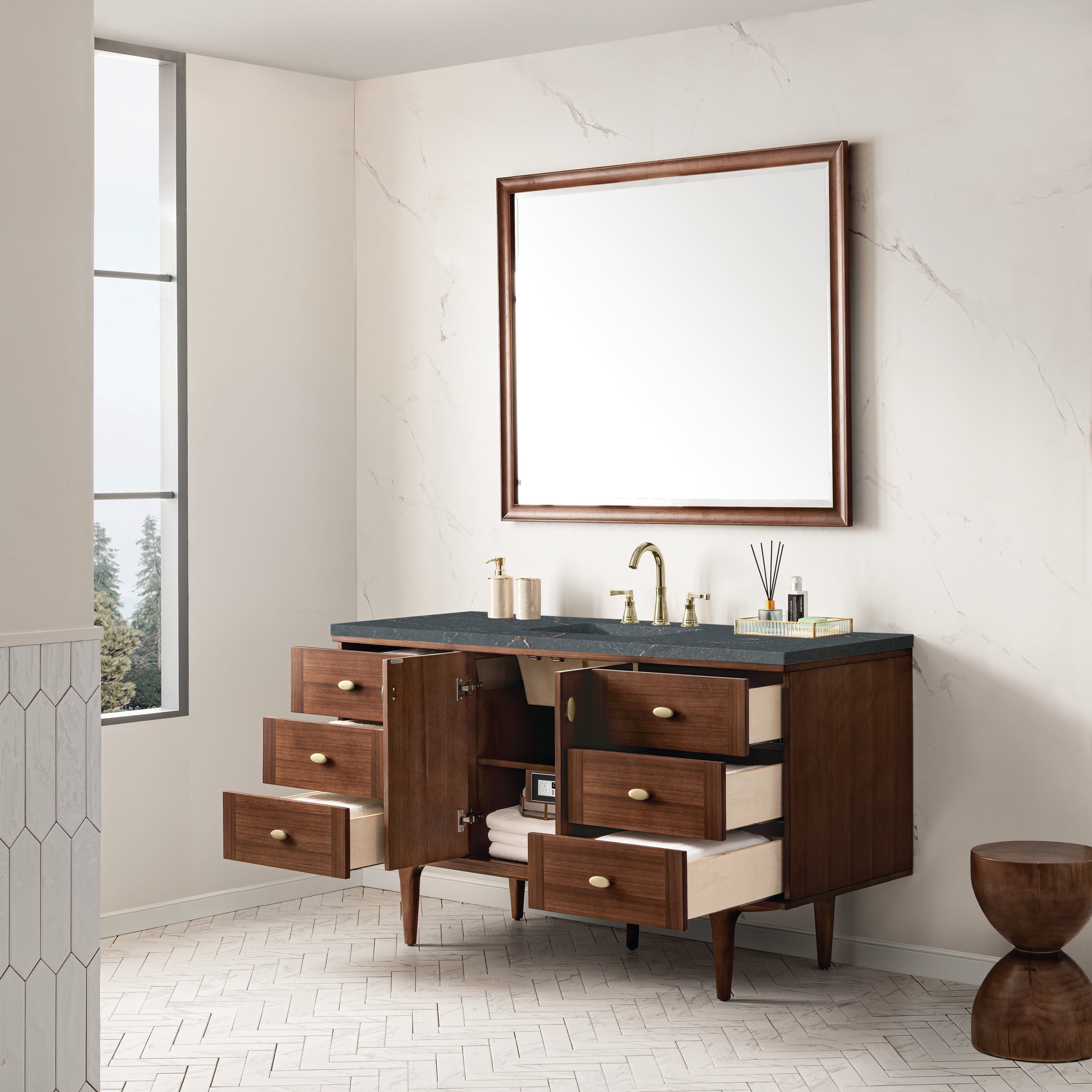 James Martin Amberly 60" Single Vanity in Mid-Century Walnut with 3cm Countertop and FreePower Wireless Charger