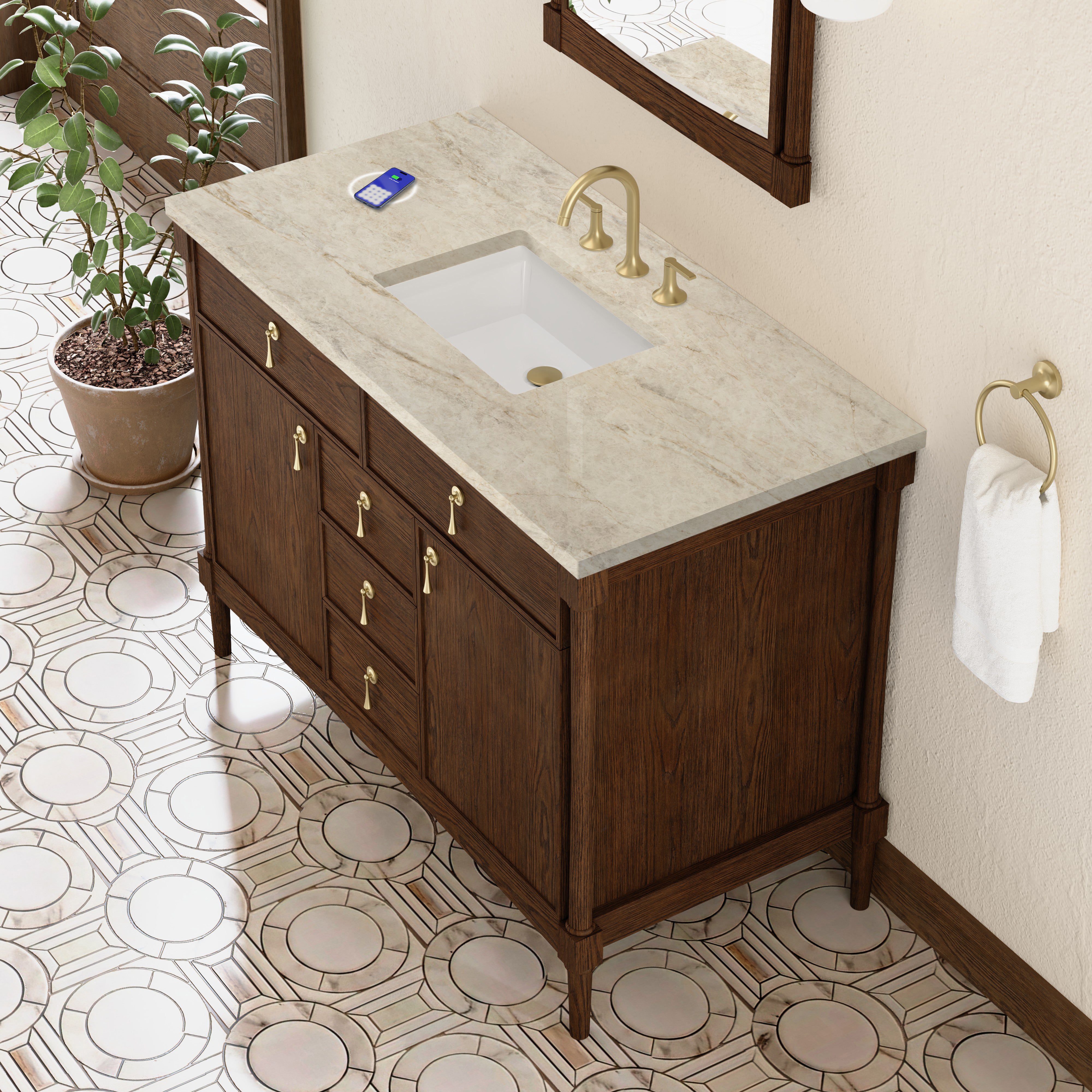 James Martin Kinnsden 48" Single Vanity in Sable Oak with 3cm Countertop and FreePower Wireless Charger