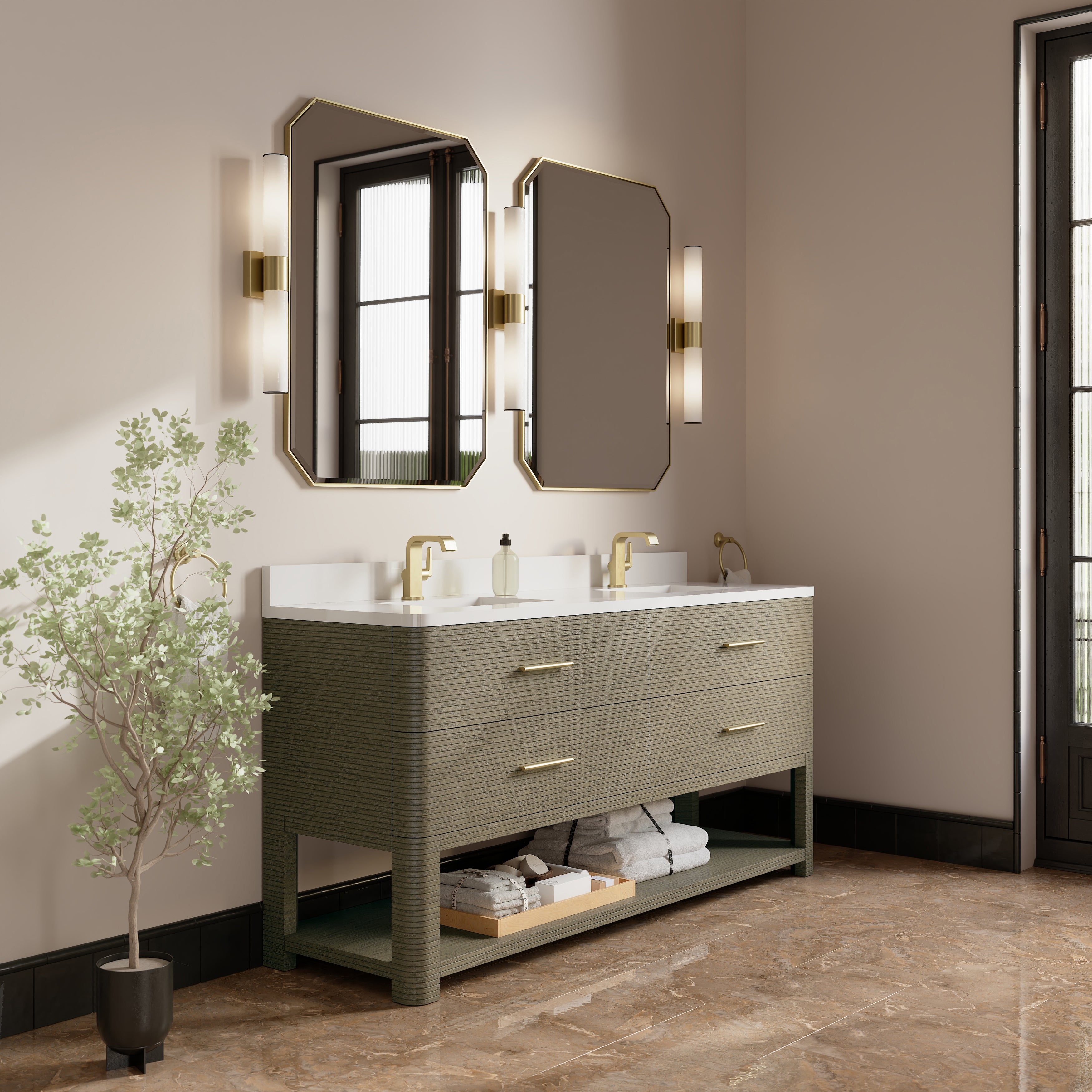James Martin Lucian 72" Double Vanity in Pebble Oak with 3cm Countertop