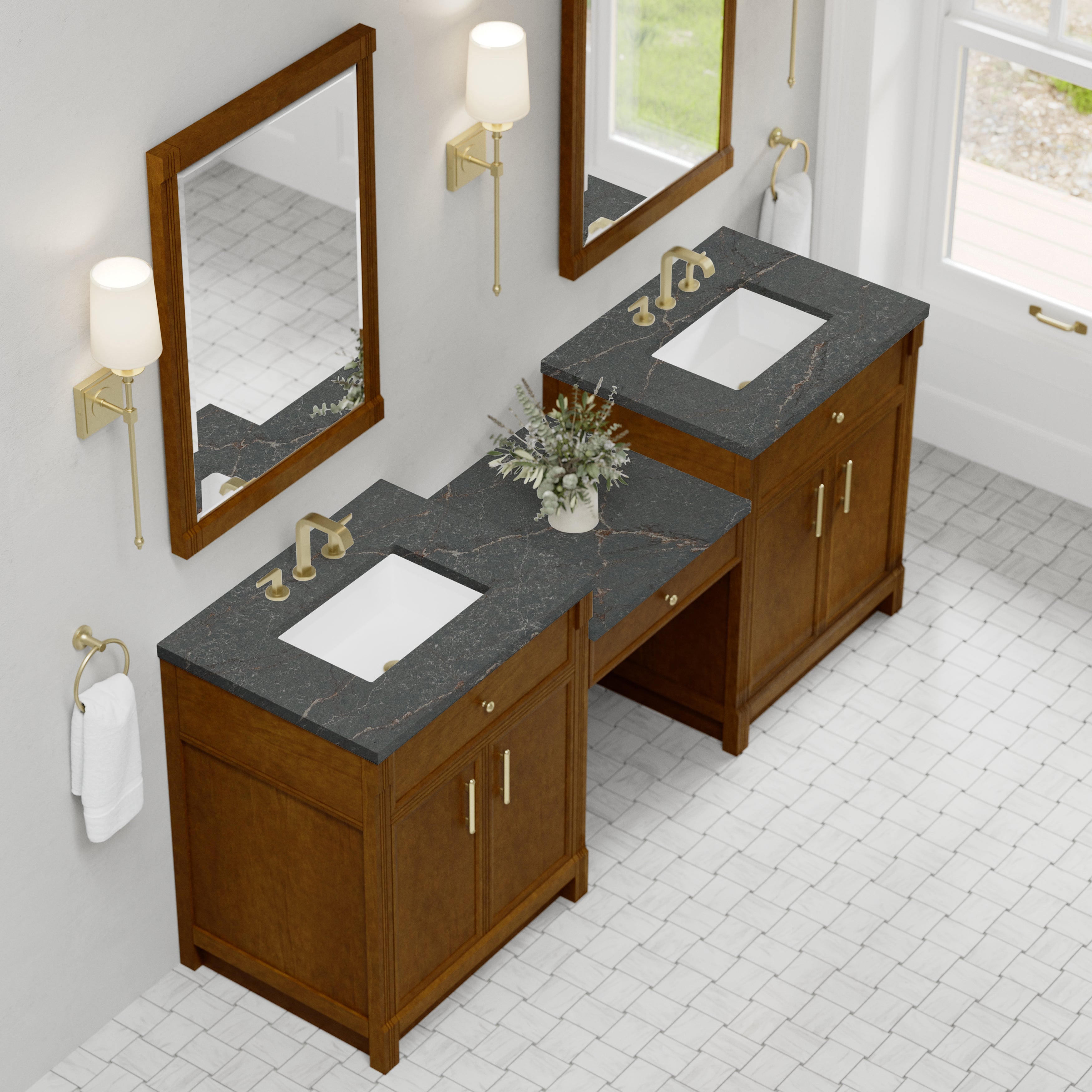 James Martin Bellshire 84" Dual Vanity Set with 24" Make-Up Counter in Honey Oak with 3cm Countertop