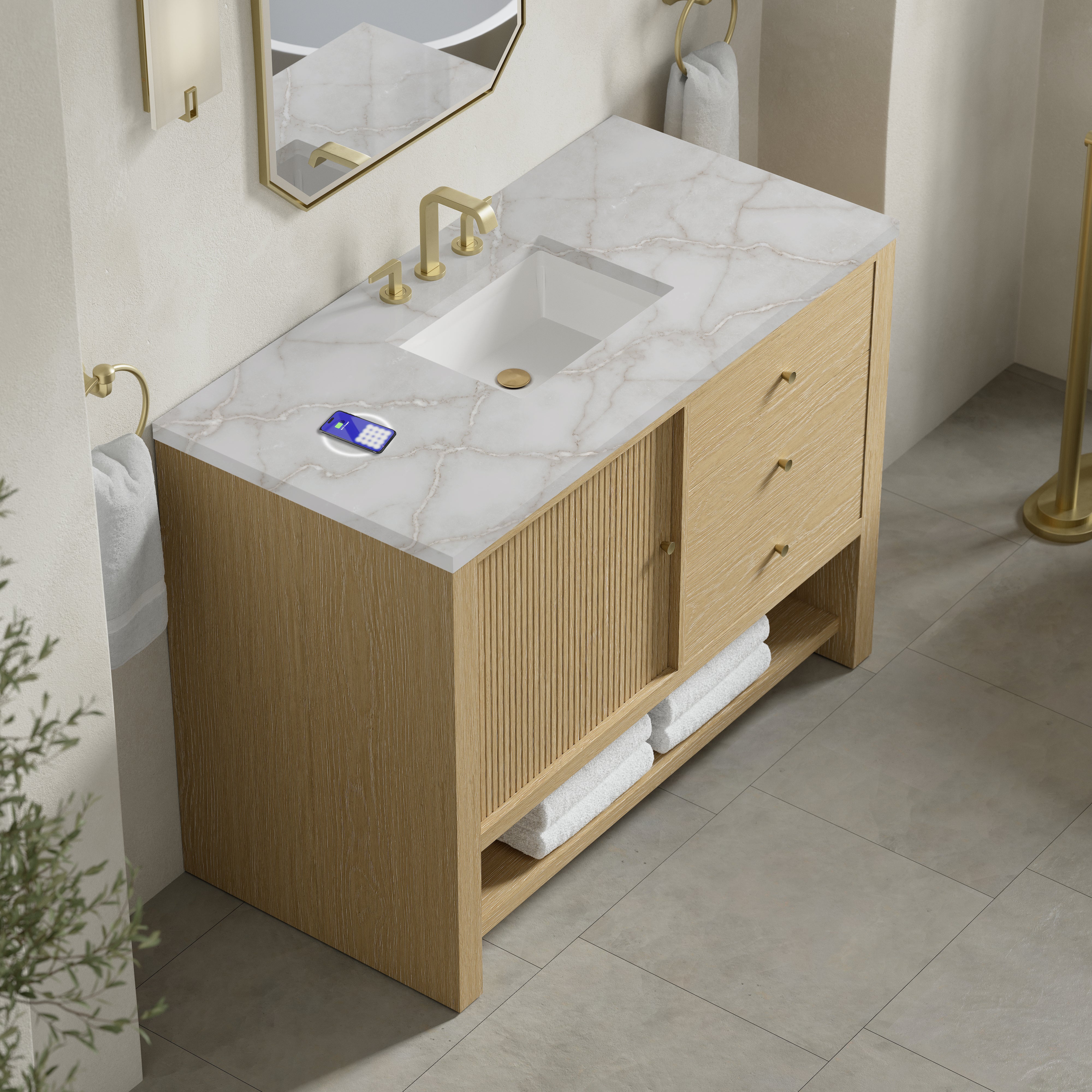 James Martin Marigot 48" Single Vanity in Sunwashed Oak with 3cm Countertop and FreePower Wireless Charger