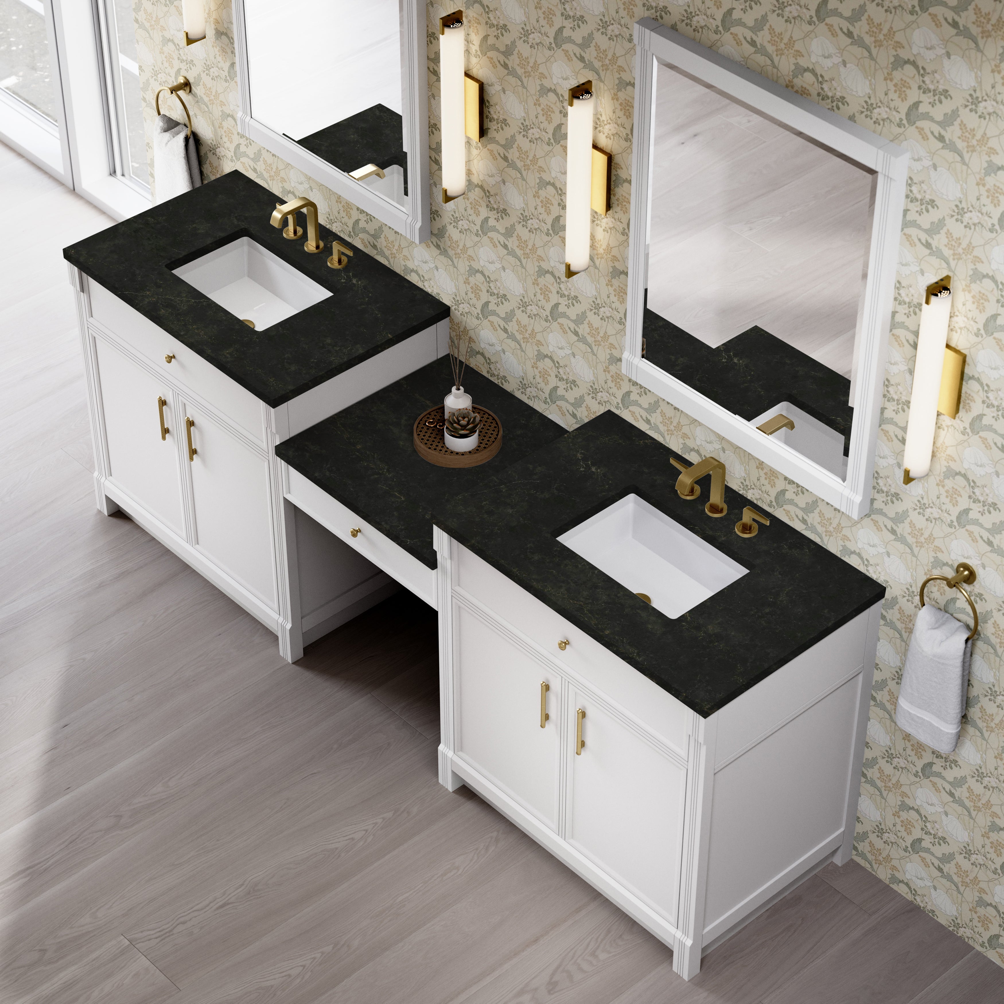 James Martin Bellshire 96" Dual Vanity Set with 24" Make-Up Counter in Bright White with 3cm Countertop