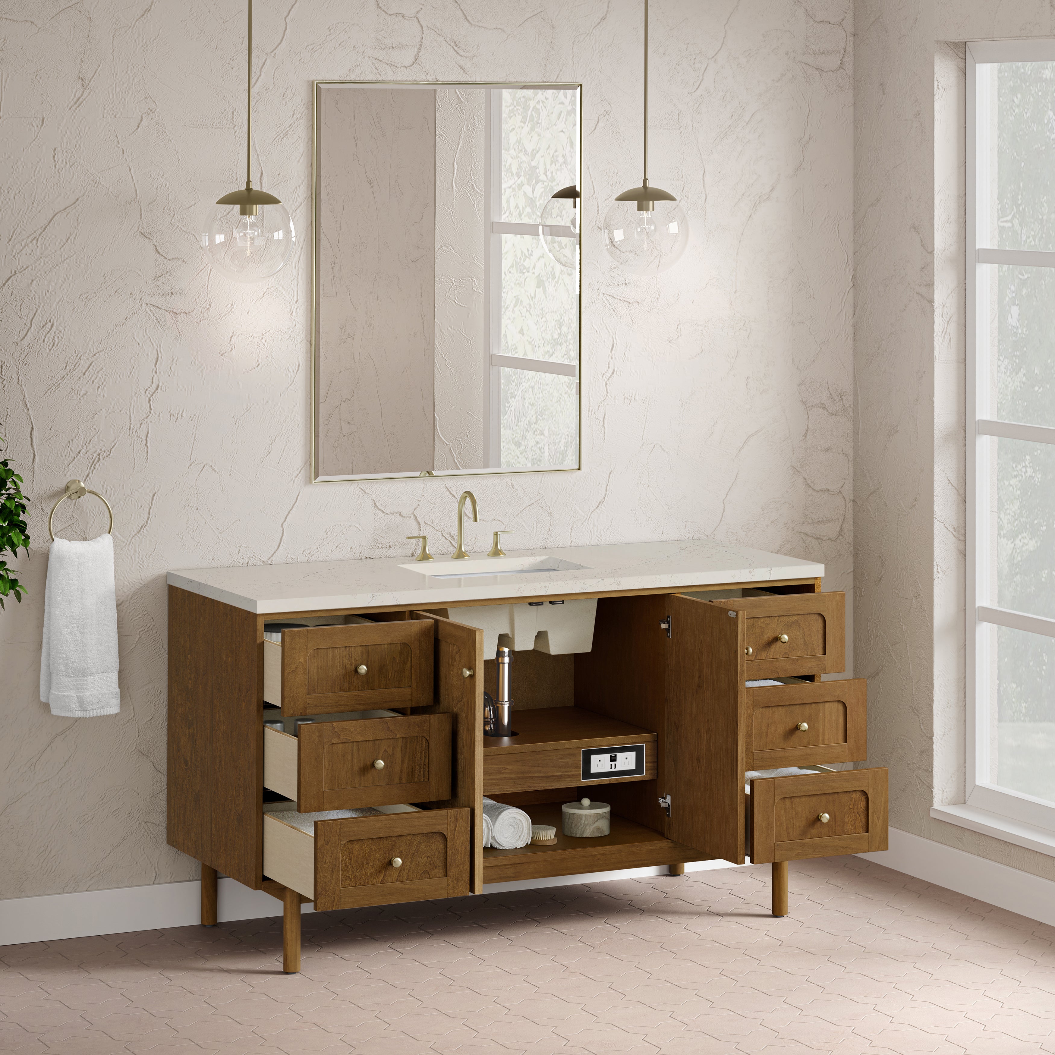 James Martin Laurent 60" Single Vanity in Honey Oak with 3cm Countertop and FreePower Wireless Charger