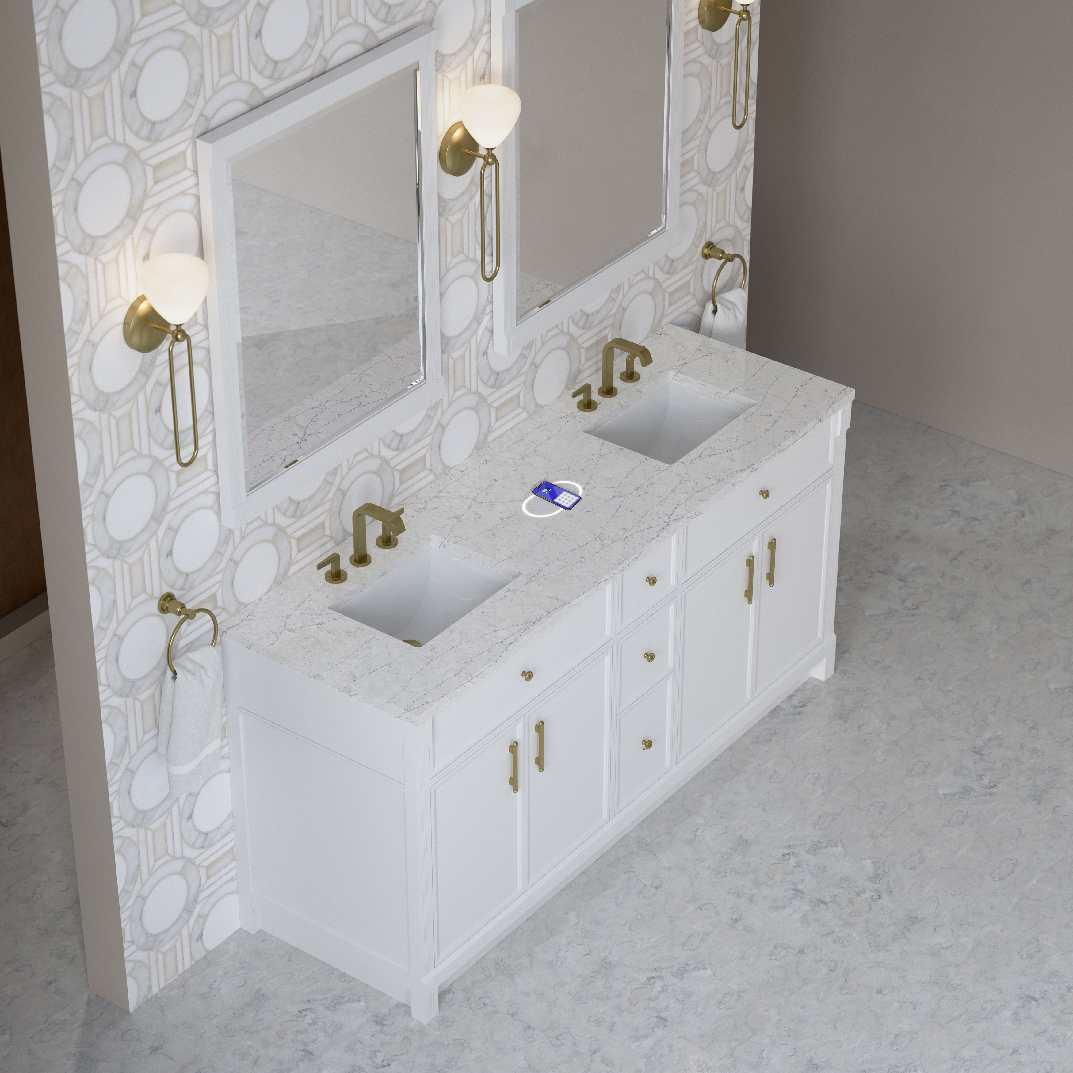 James Martin Bellshire 72" Double Vanity in Bright White with 3cm Countertop and FreePower Wireless Charger