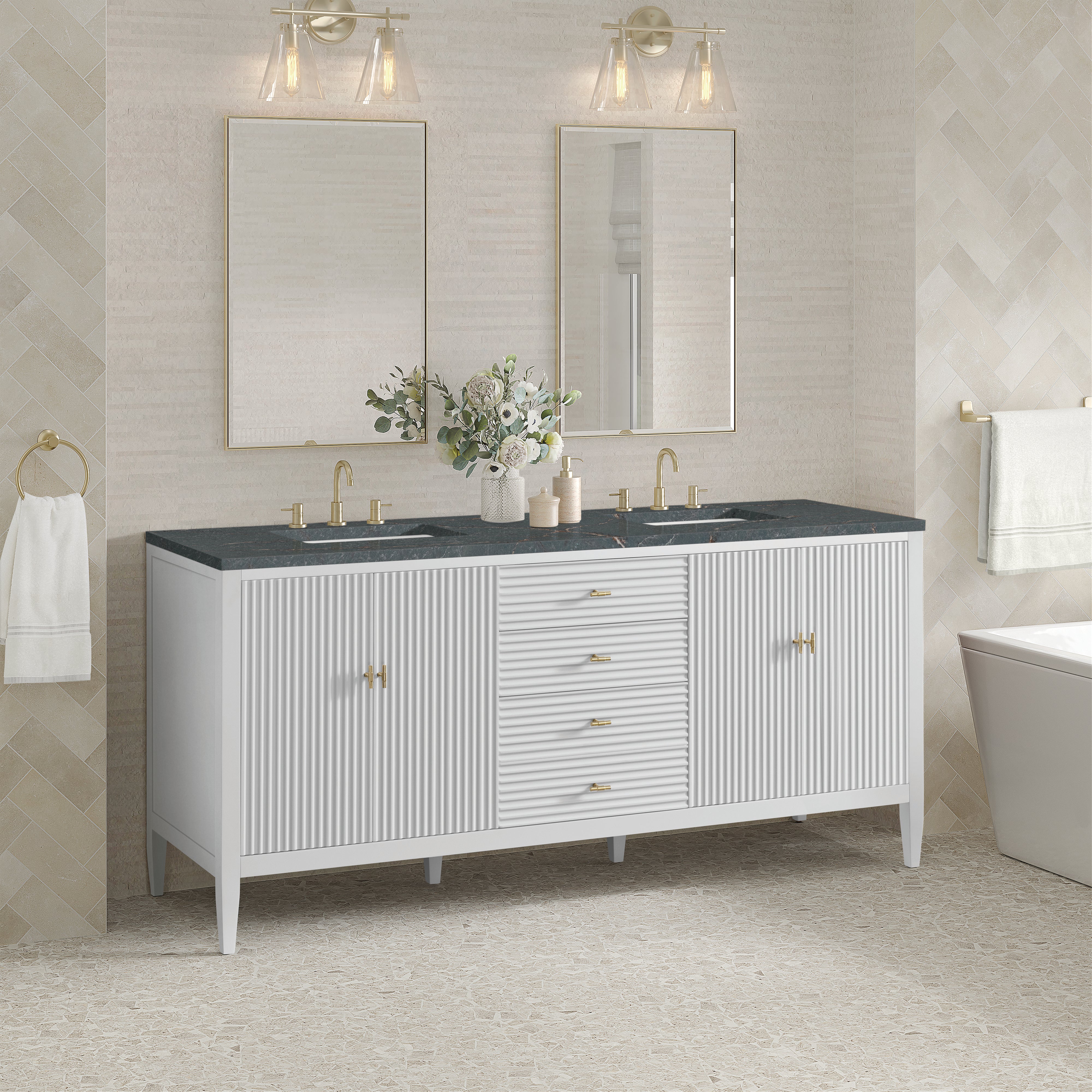 James Martin Myrrin 72" Double Vanity in Bright White with 3cm Countertop and FreePower Wireless Charger