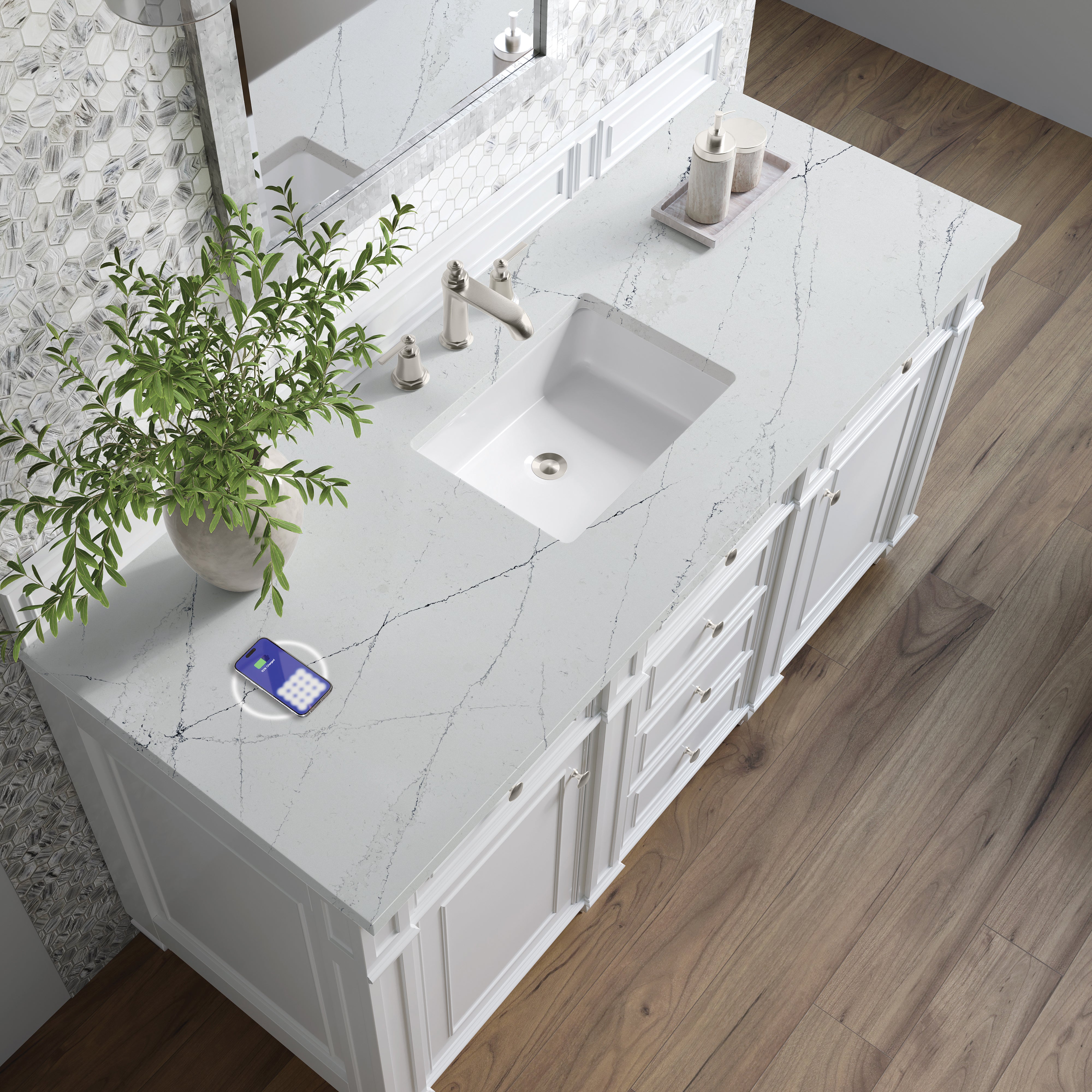 James Martin Bristol 60" Single Vanity in Bright White with 3cm Countertop and FreePower Wireless Charger