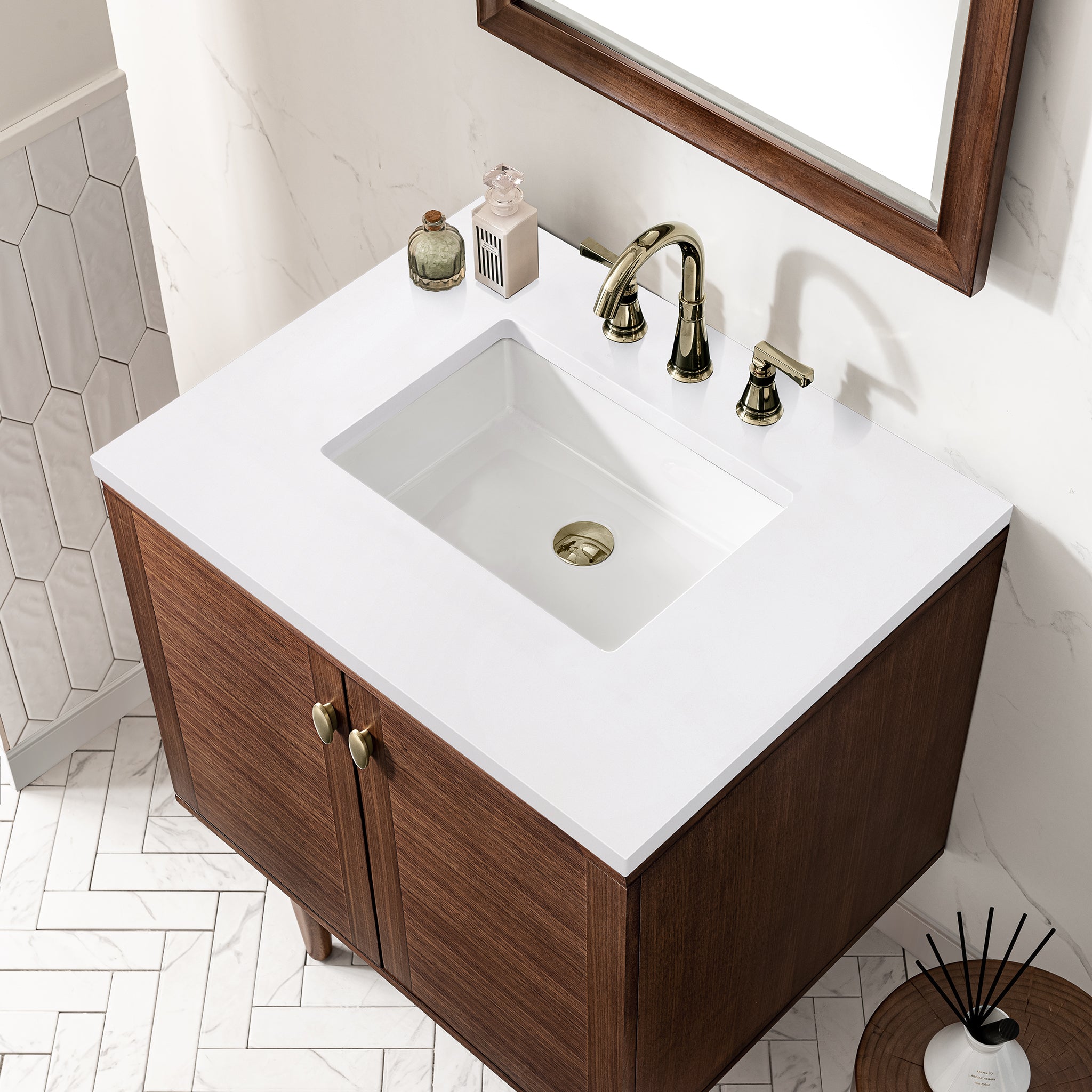 James Martin Amberly 30" Single Vanity in Mid-Century Walnut with 3cm Countertop