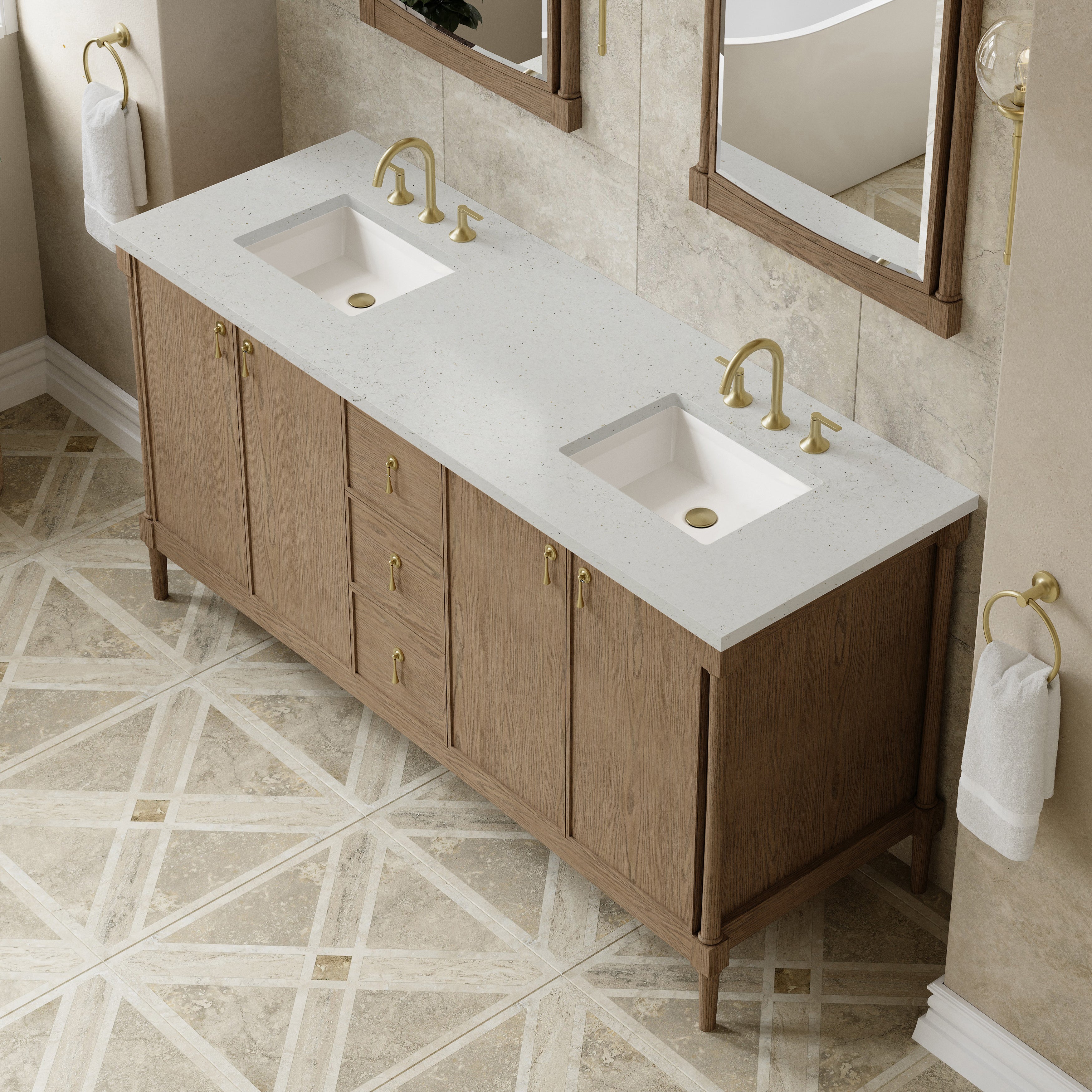 James Martin Kinnsden 72" Double Vanity in Weathered Oak with 3cm Carrara Marble Top