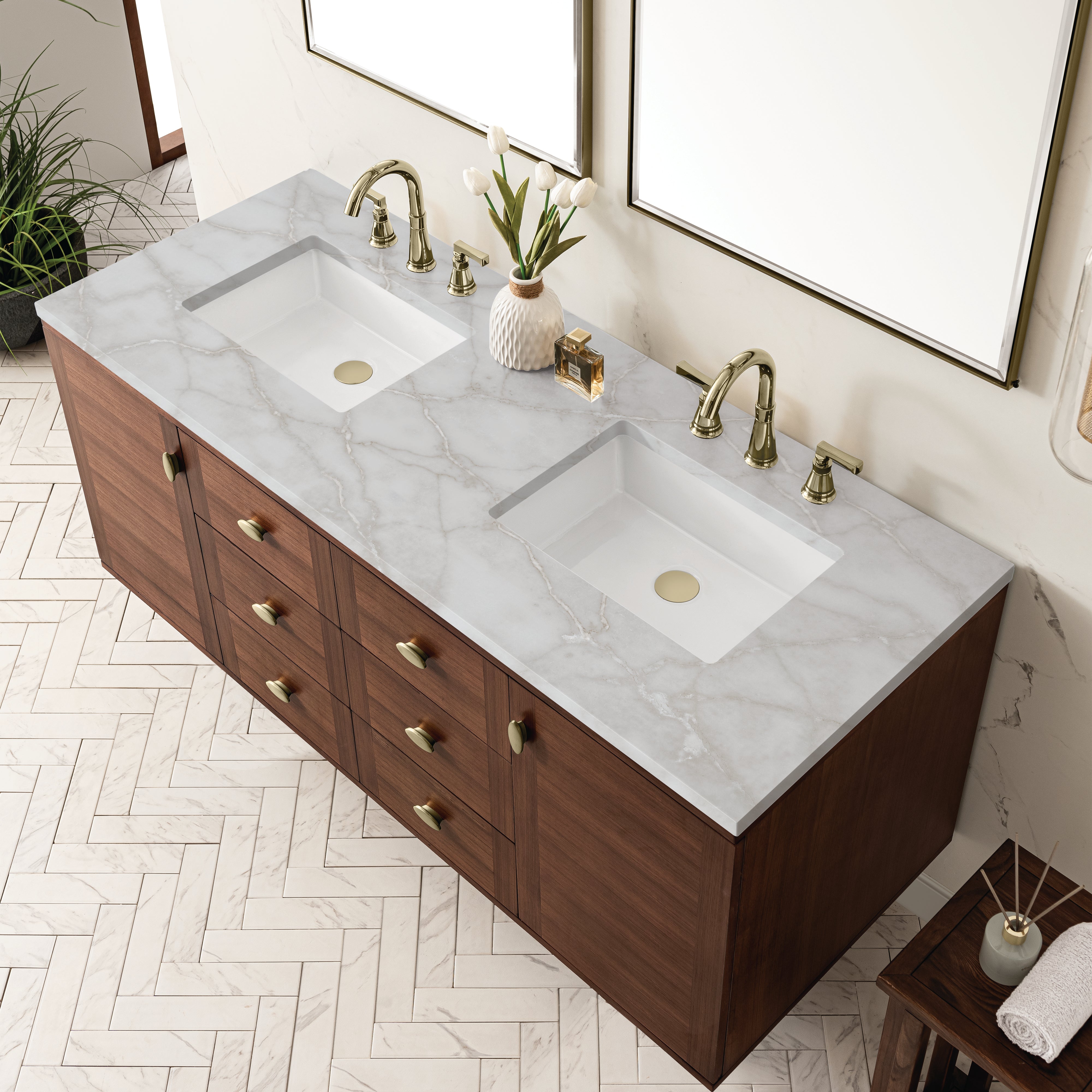 James Martin Amberly 60" Double Vanity in Mid-Century Walnut with 3cm Countertop