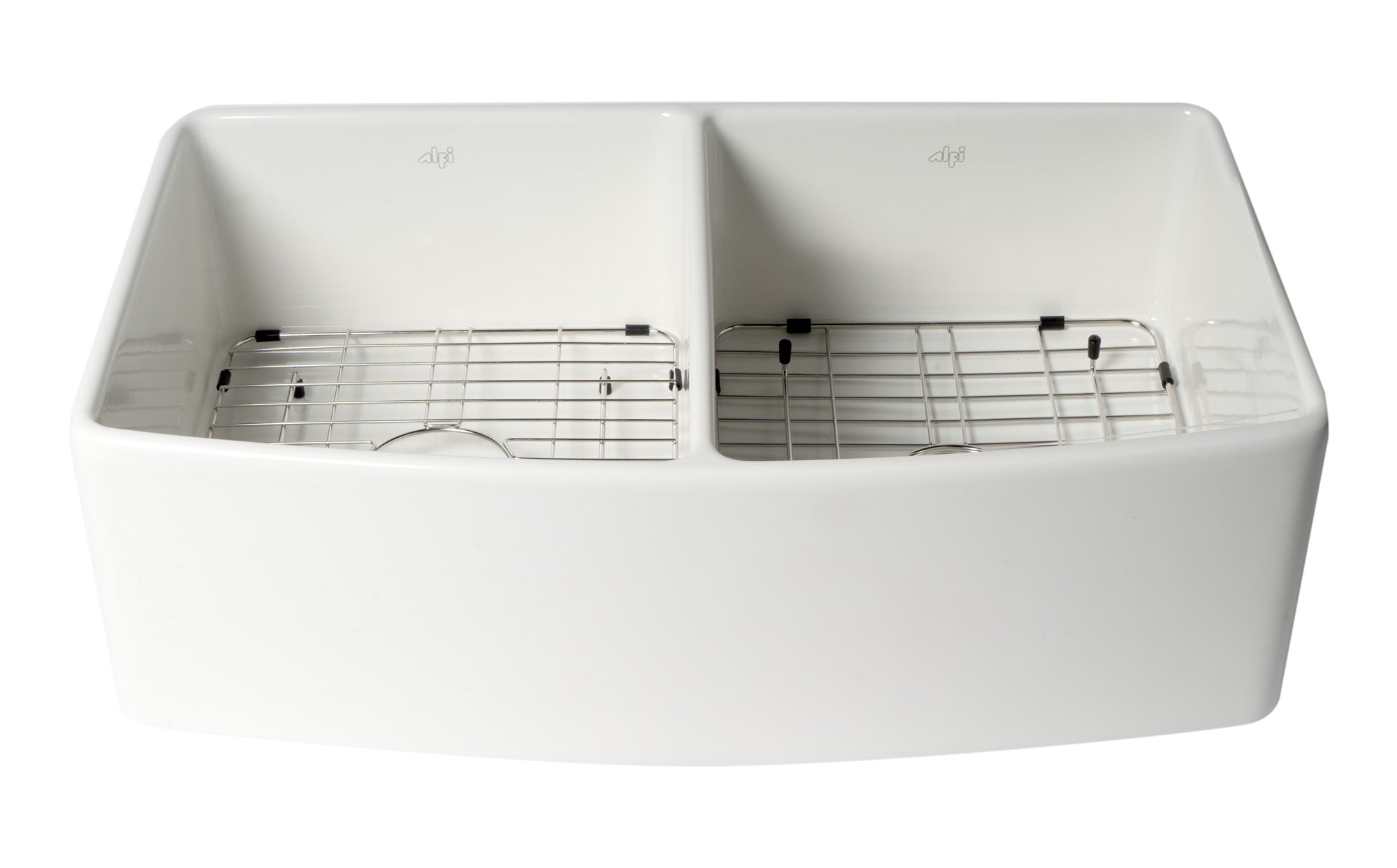 ALFI brand ABFC3320D ABFC3320D-W White Smooth Curved Apron 33" x 20" Double Bowl Fireclay Farm Sink with Grid