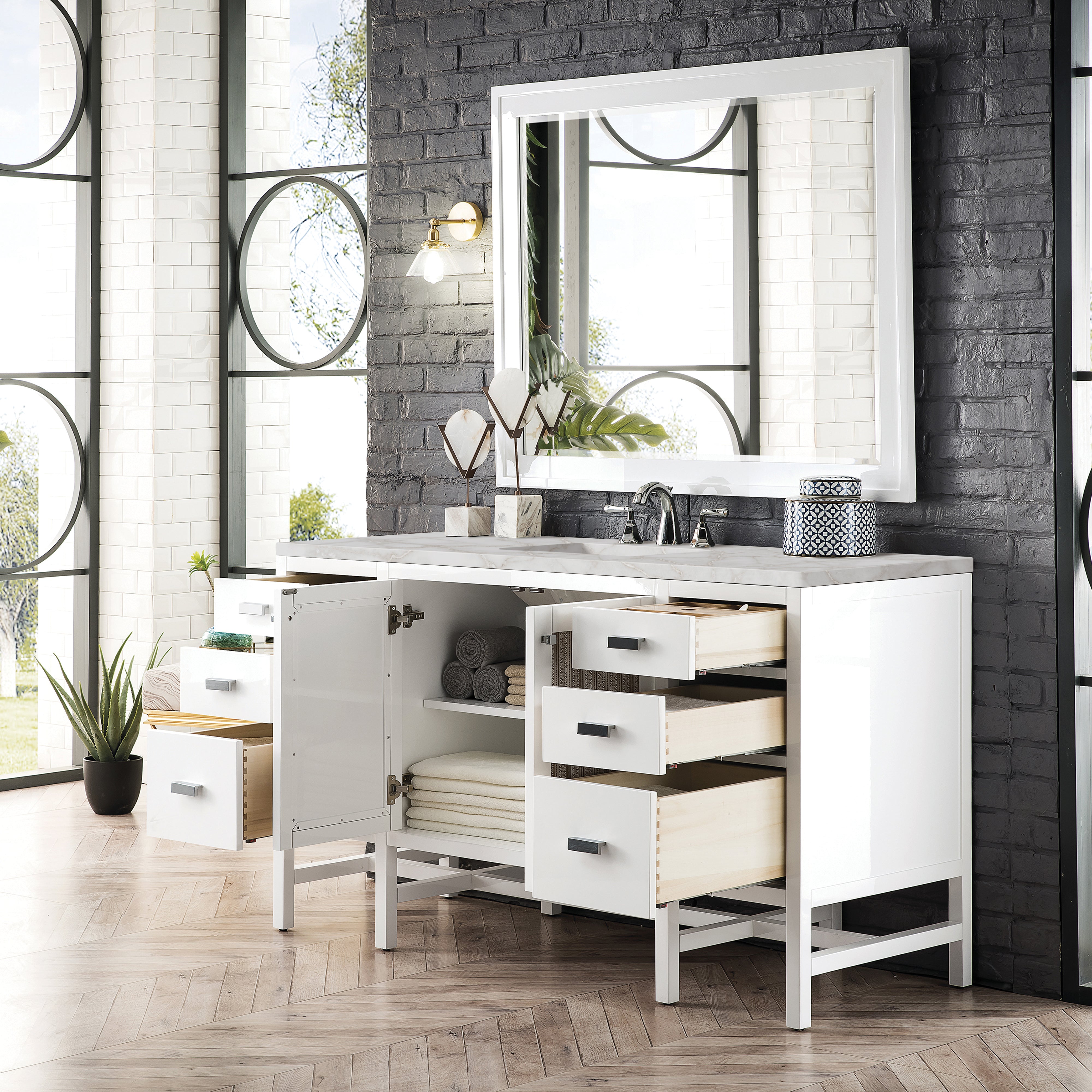 James Martin Addison 60" Single Vanity in Glossy White with 3cm Countertop