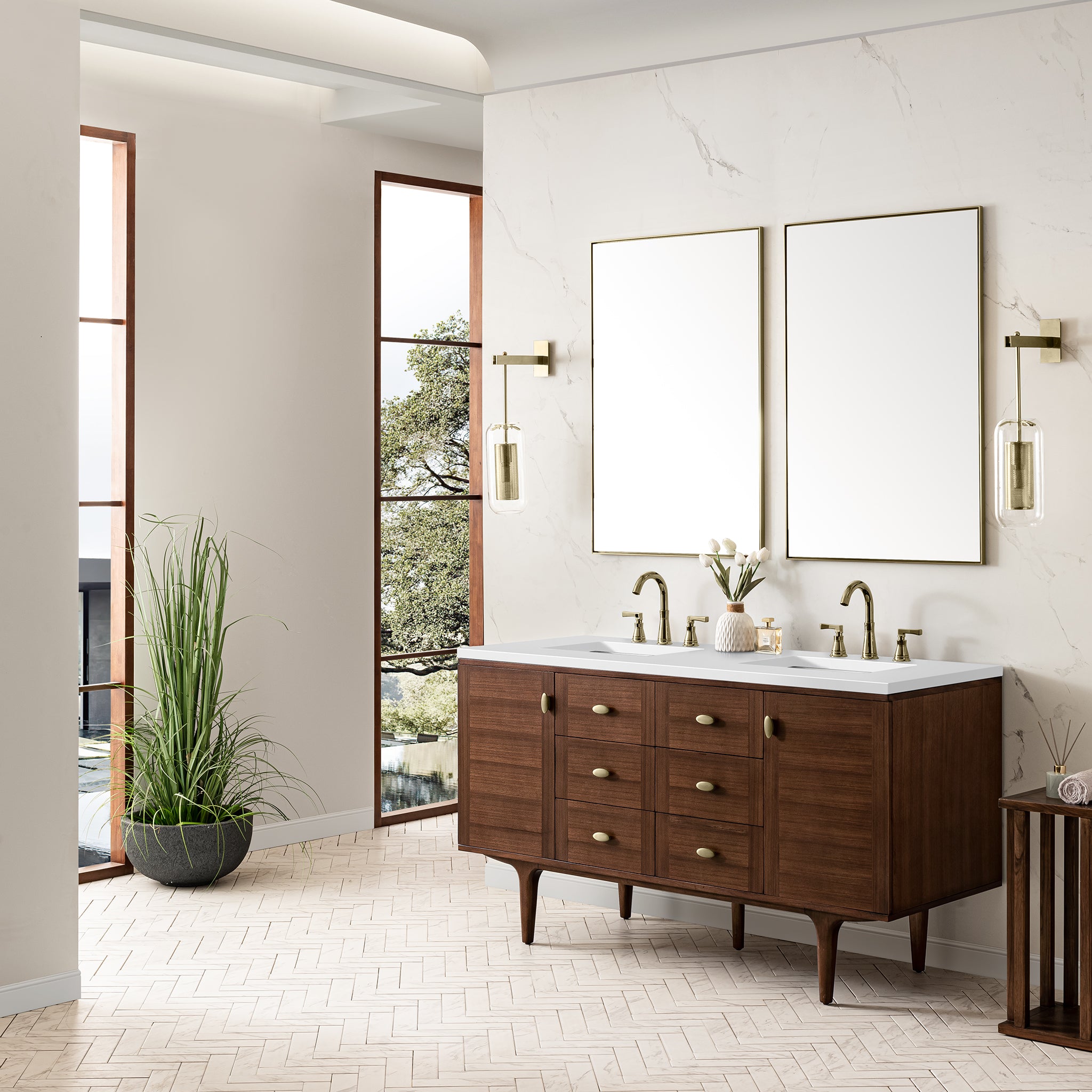James Martin Amberly 60" Double Vanity in Mid-Century Walnut with 3cm Countertop