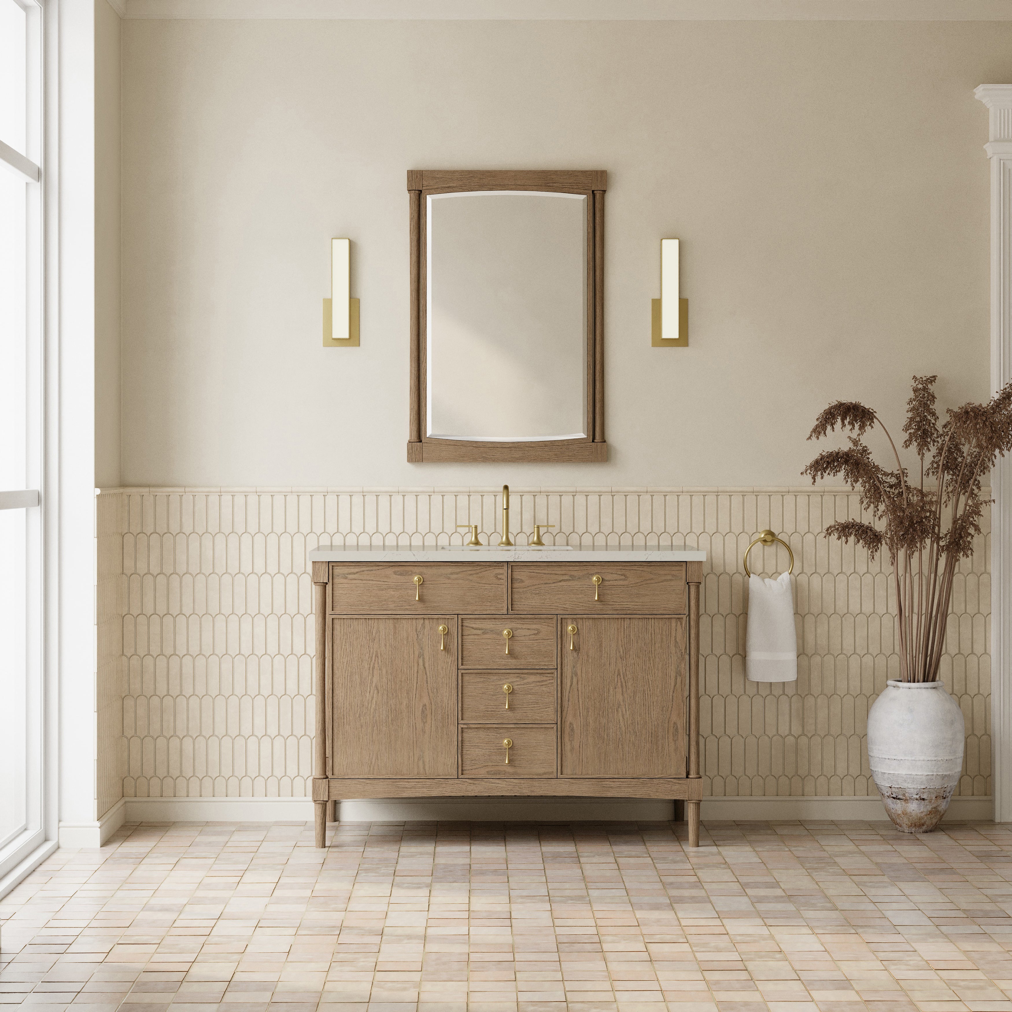 James Martin Kinnsden 48" Single Vanity in Weathered Oak with 3cm Countertop and FreePower Wireless Charger