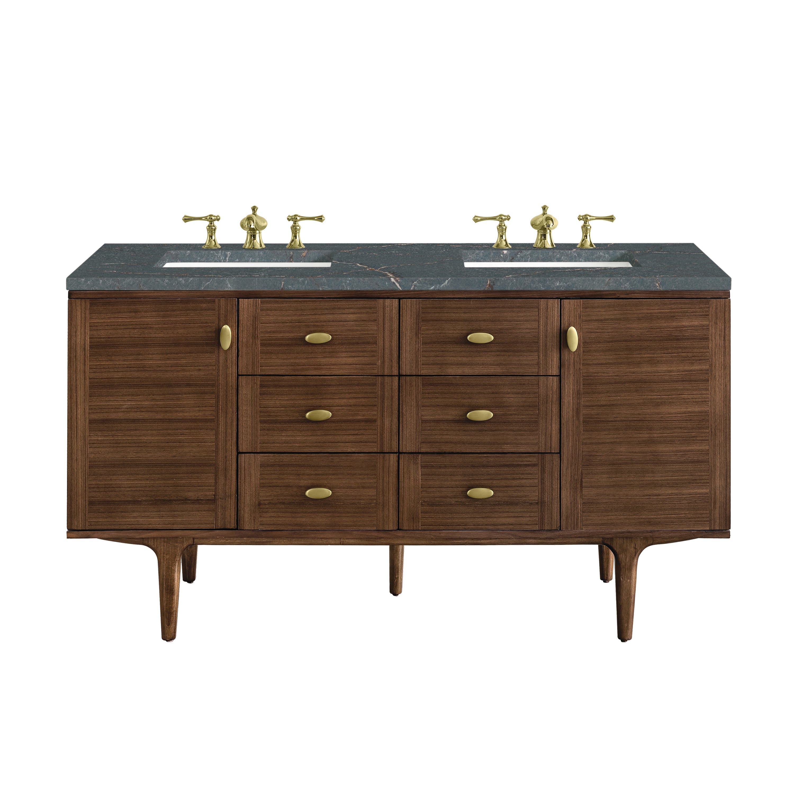 James Martin Amberly 60" Double Vanity in Mid-Century Walnut with 3cm Countertop and FreePower Wireless Charger