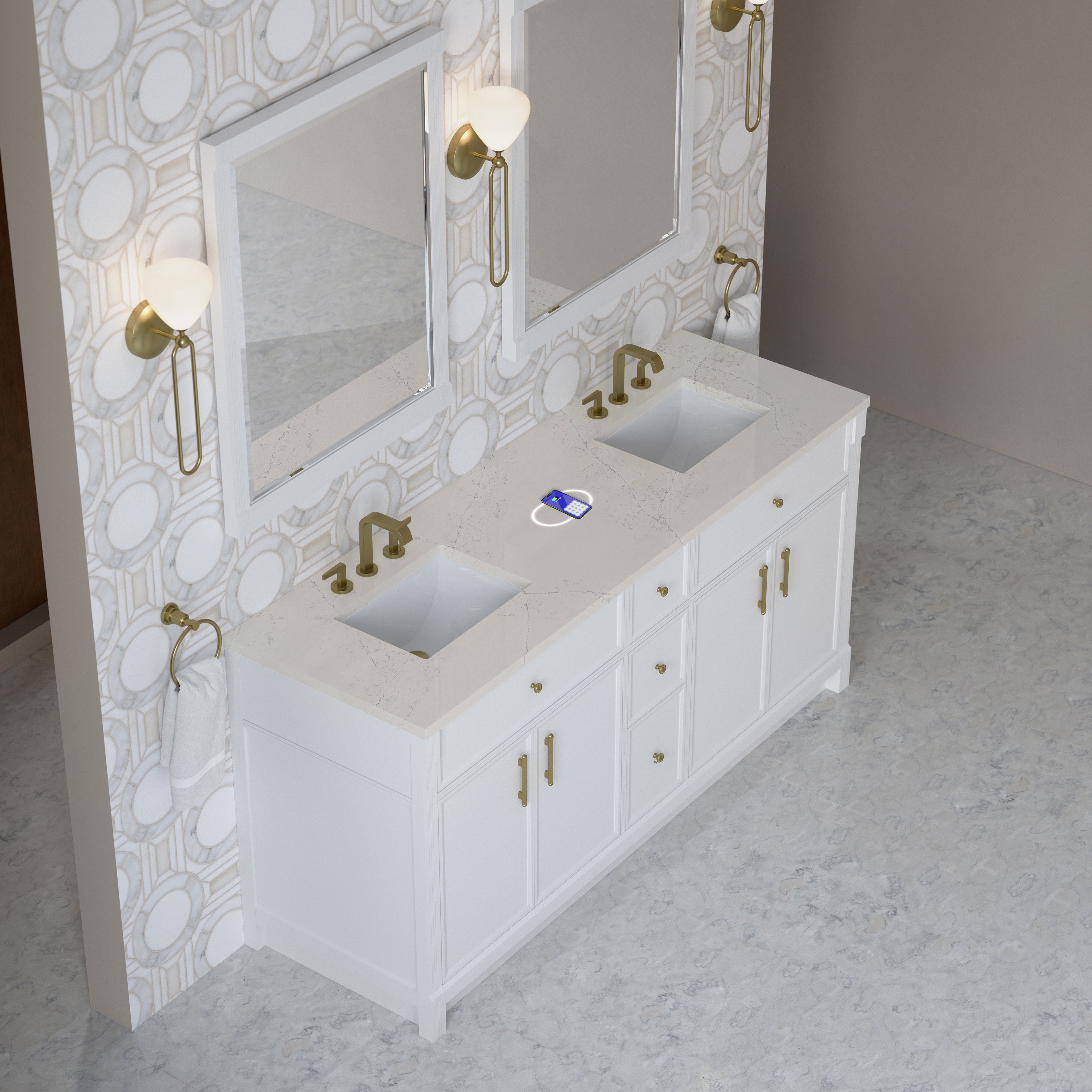 James Martin Bellshire 72" Double Vanity in Bright White with 3cm Countertop and FreePower Wireless Charger