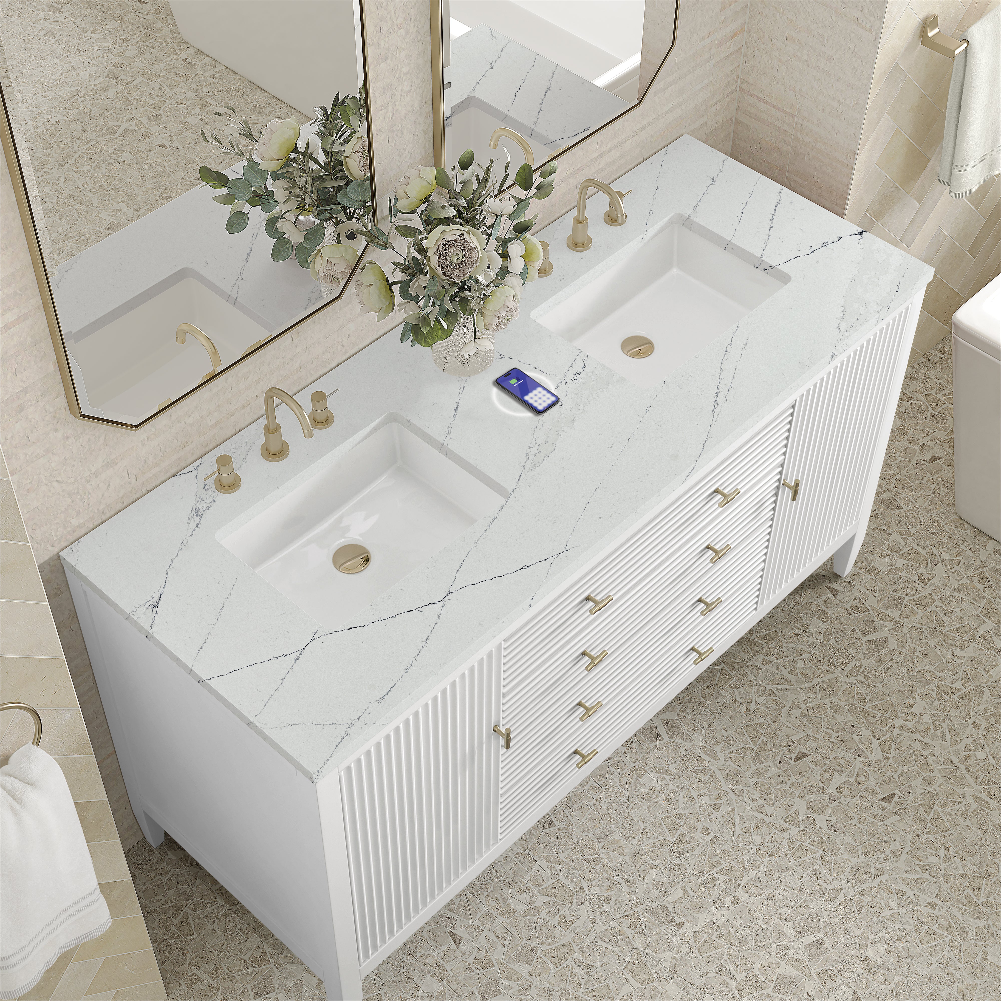 James Martin Myrrin 60" Double Vanity in Bright White with 3cm Countertop and FreePower Wireless Charger