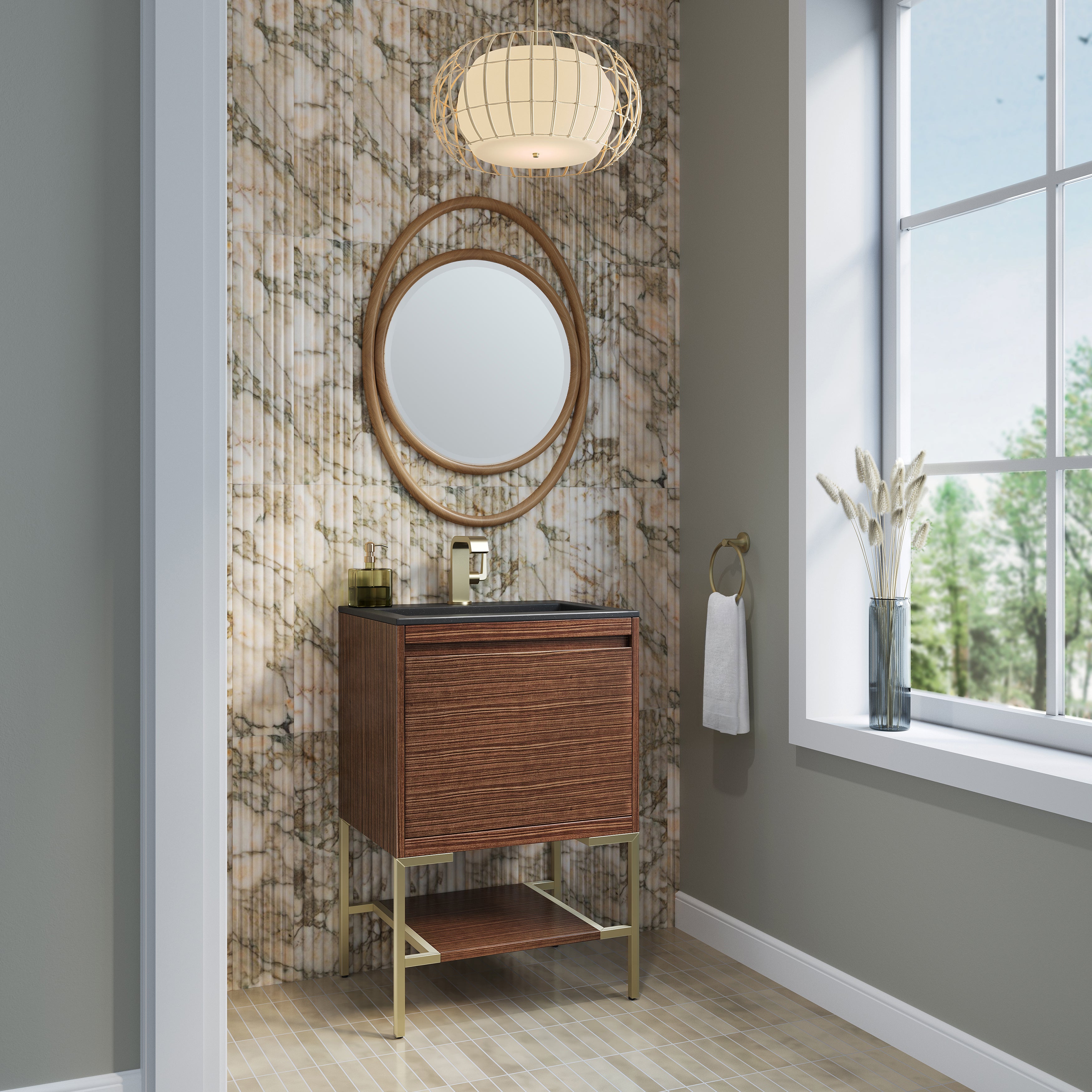 James Martin Mantova 23.6" Single Vanity, Mid-Century Walnut, Champagne Brass Base with Charcoal Black Composite Stone Top