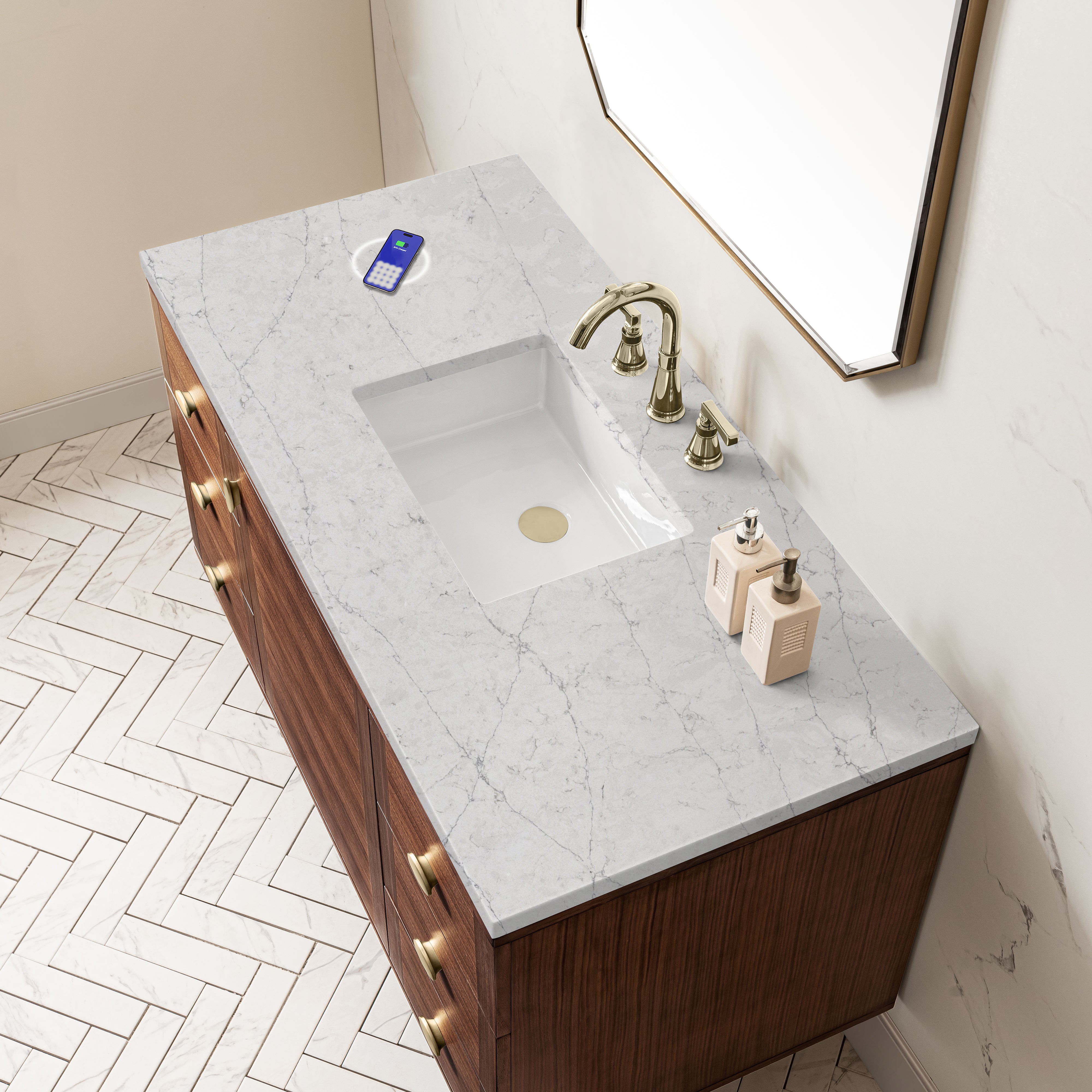 James Martin Amberly 48" Single Vanity in Mid-Century Walnut with 3cm Countertop and FreePower Wireless Charger