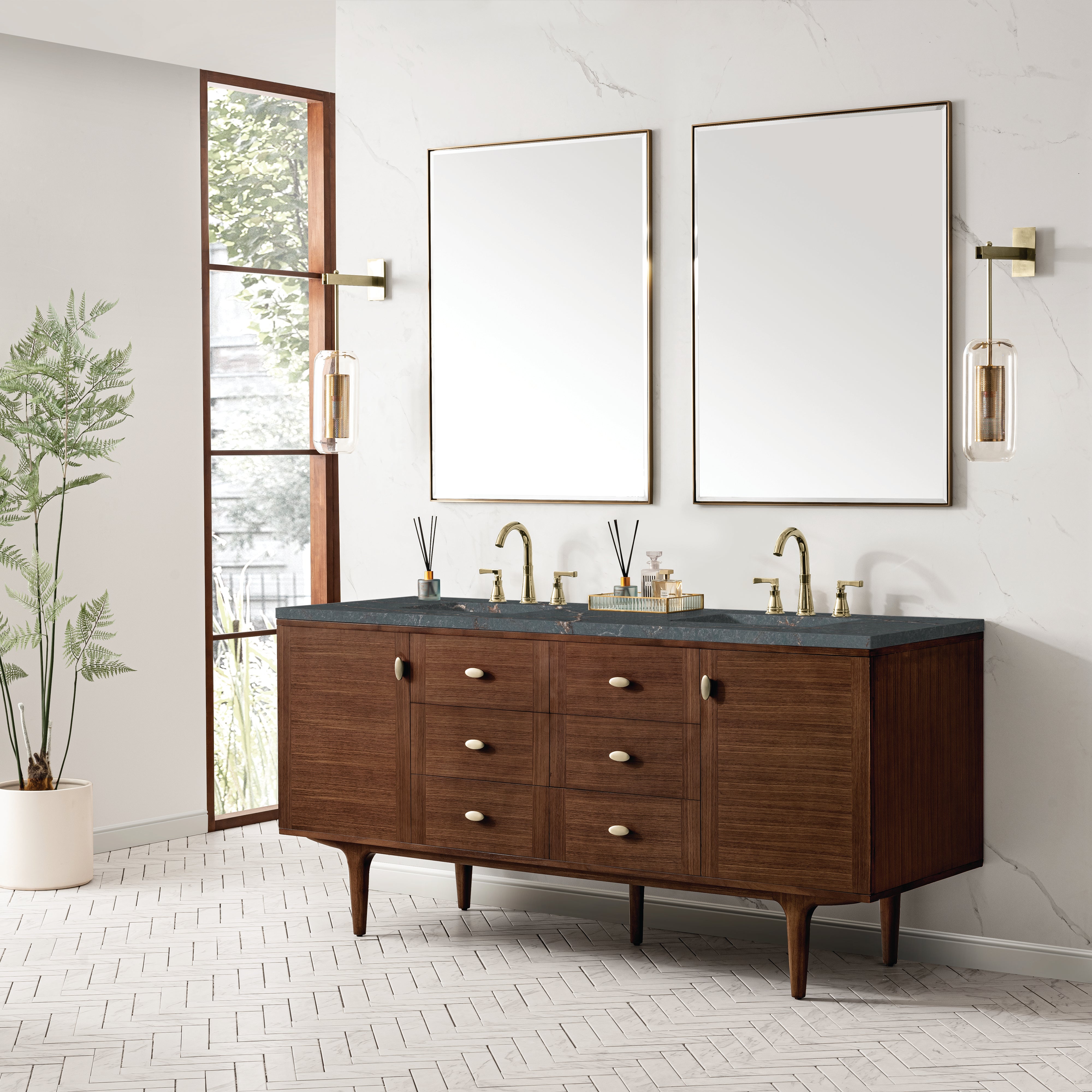 James Martin Amberly 72" Double Vanity in Mid-Century Walnut with 3cm Countertop