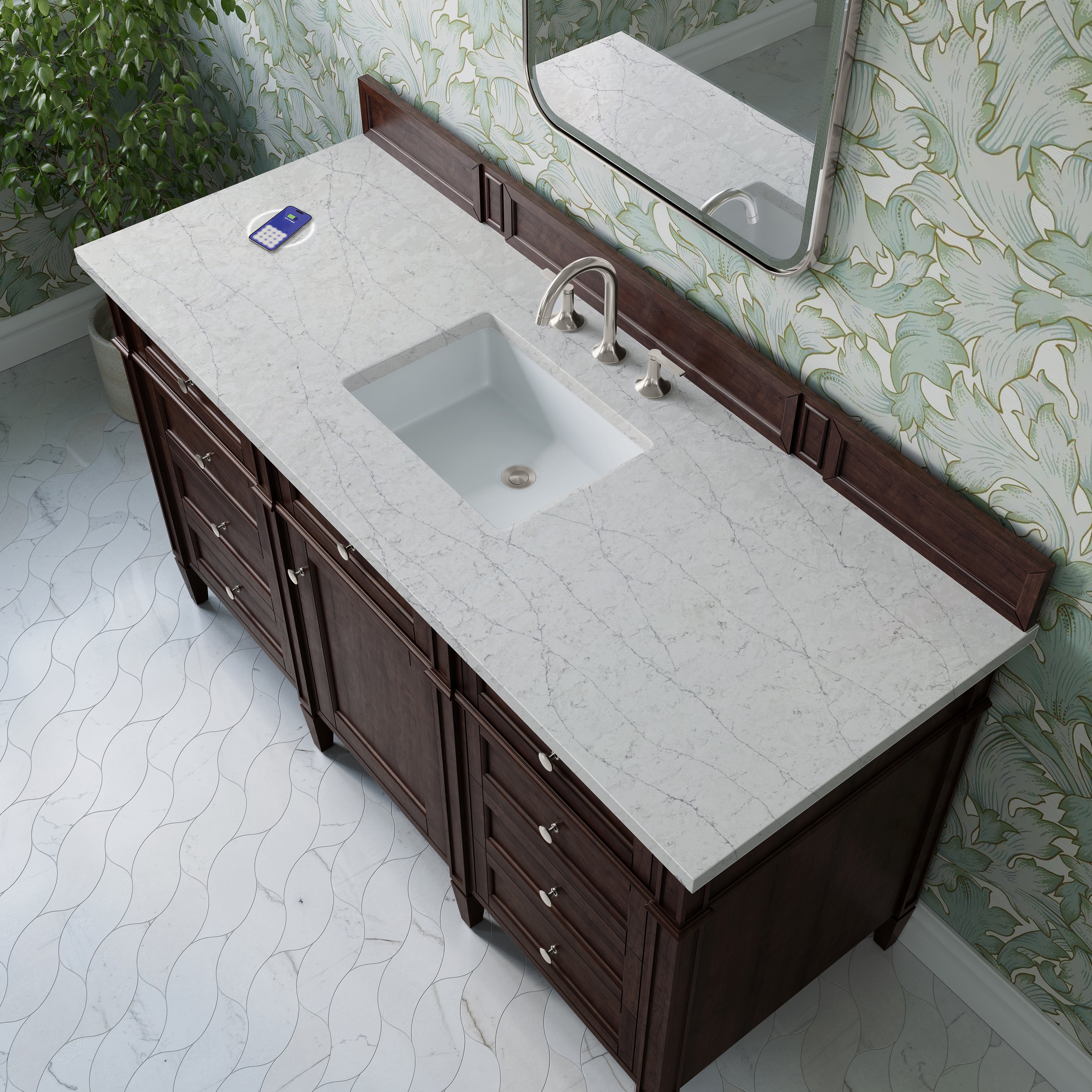 James Martin Brittany 60" Single Vanity in Burnished Mahogany with 3cm Countertop and FreePower Wireless Charger