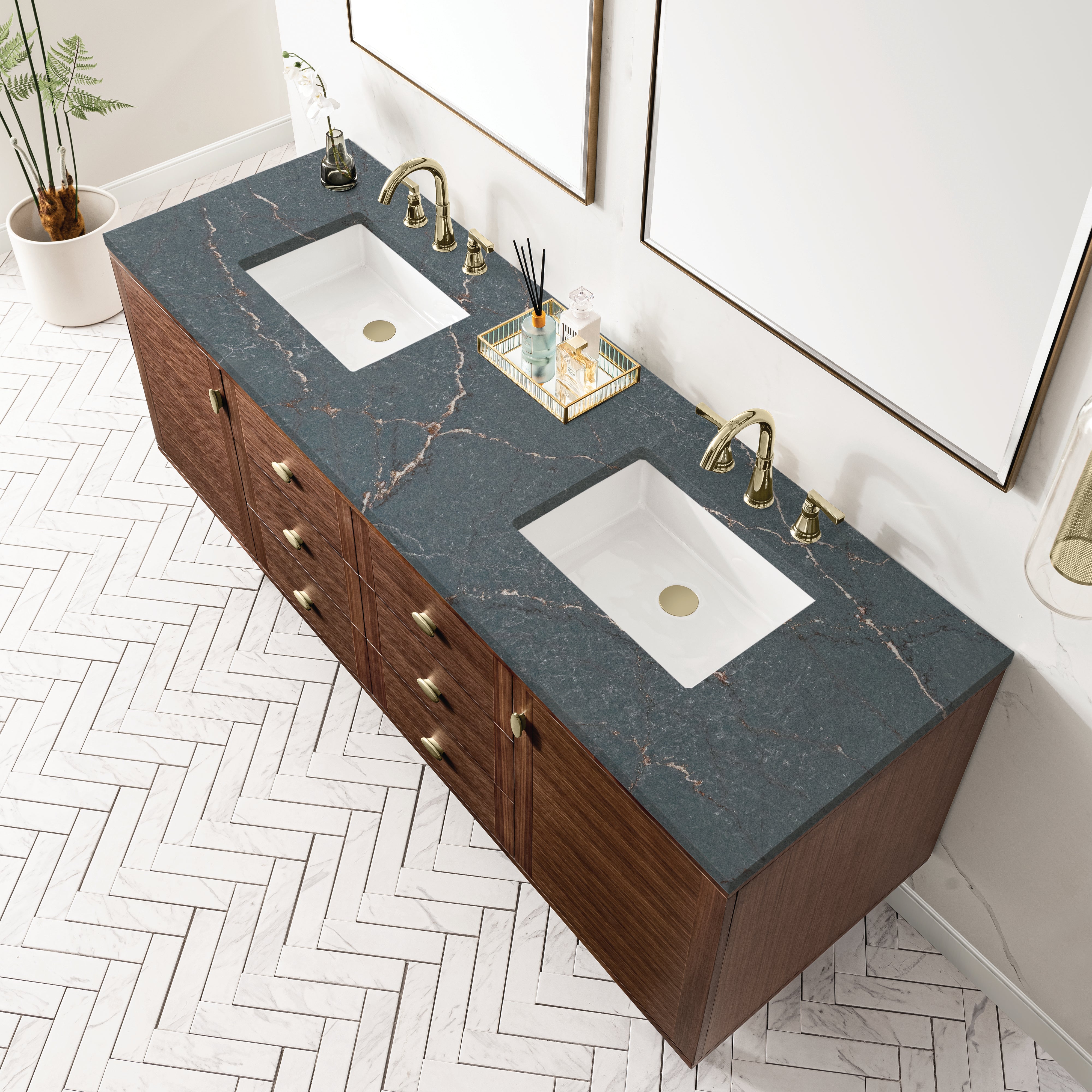 James Martin Amberly 72" Double Vanity in Mid-Century Walnut with 3cm Countertop