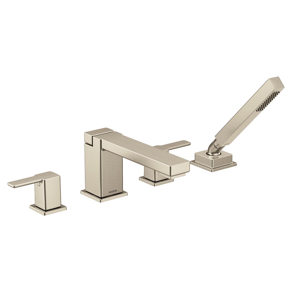 90 Degree two-handle high arc roman tub faucet includes hand shower