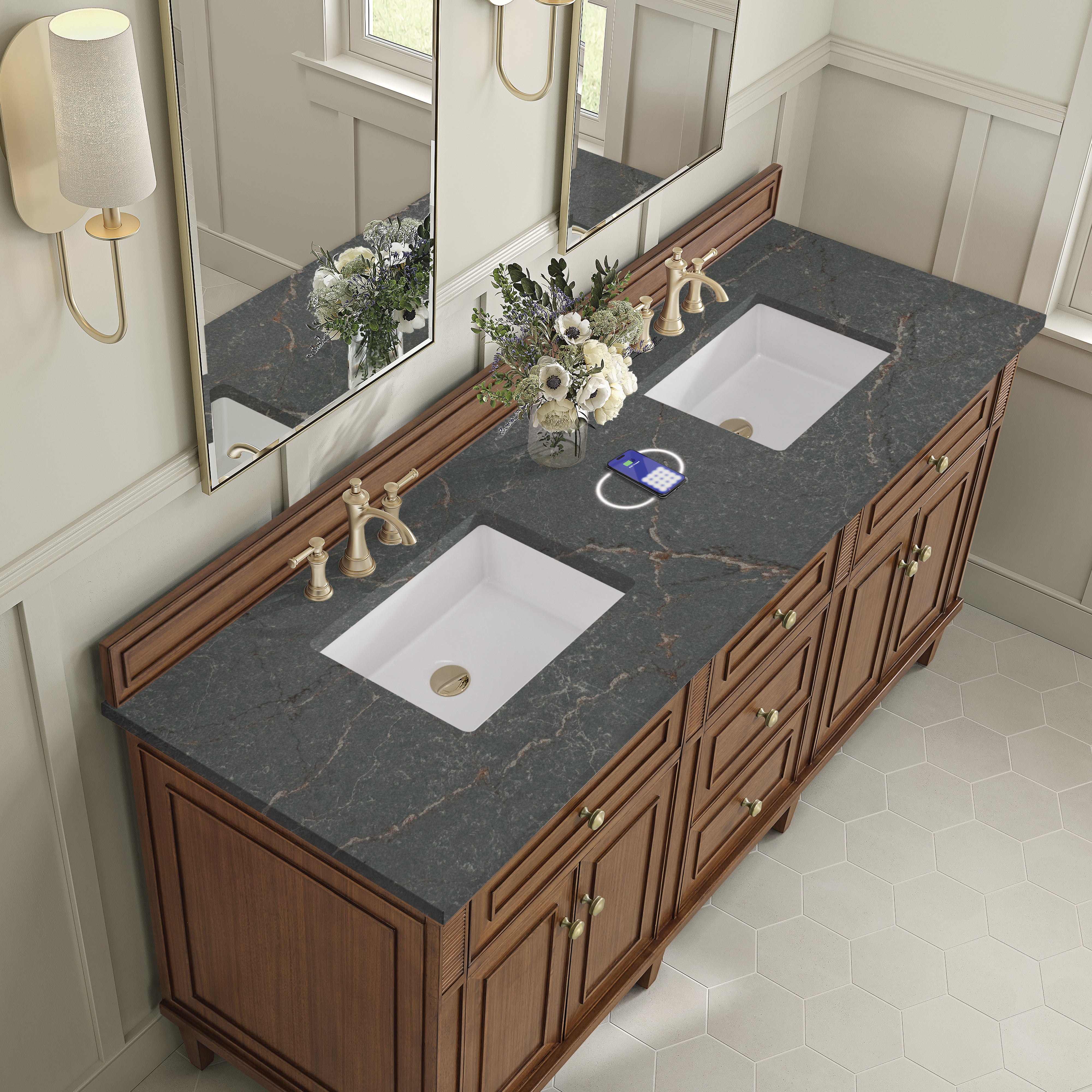James Martin Lorelai 72"Double Vanity in Mid-Century Walnut with 3cm Countertop and FreePower Wireless Charger