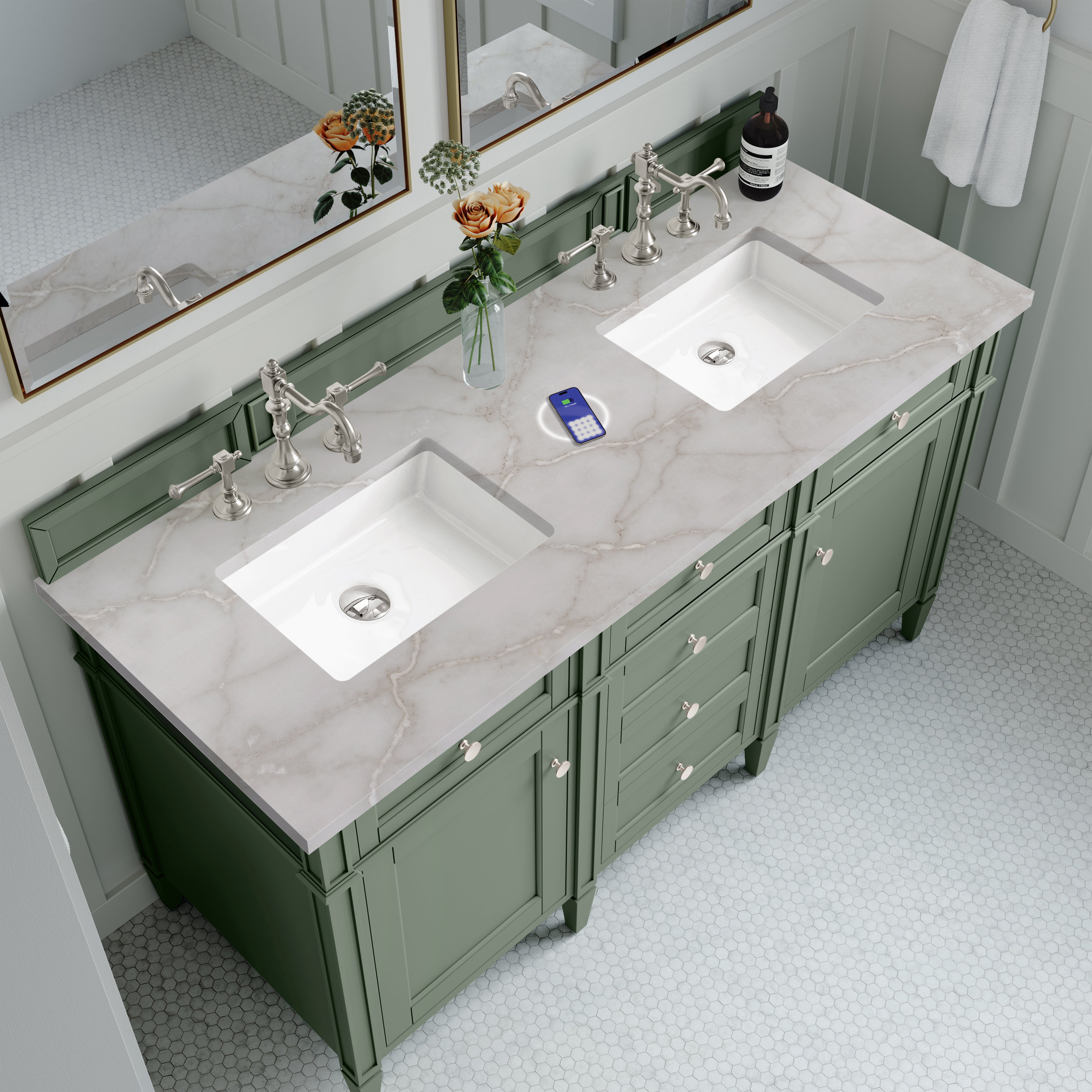 James Martin Brittany 60" Double Vanity in Smokey Celadon with 3cm Countertop and FreePower Wireless Charger