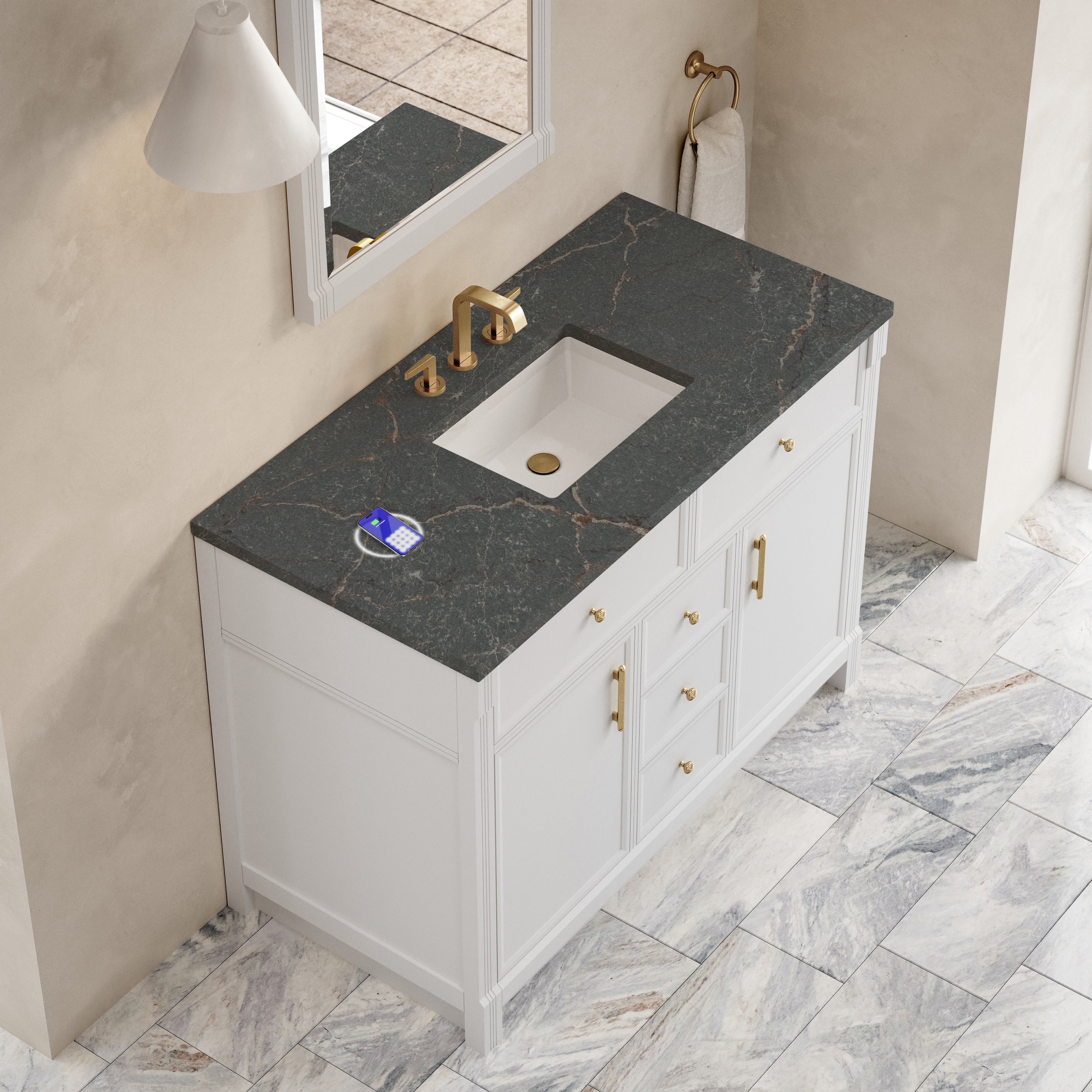 James Martin Bellshire 48" Single Vanity in Bright White with 3cm Countertop and FreePower Wireless Charger