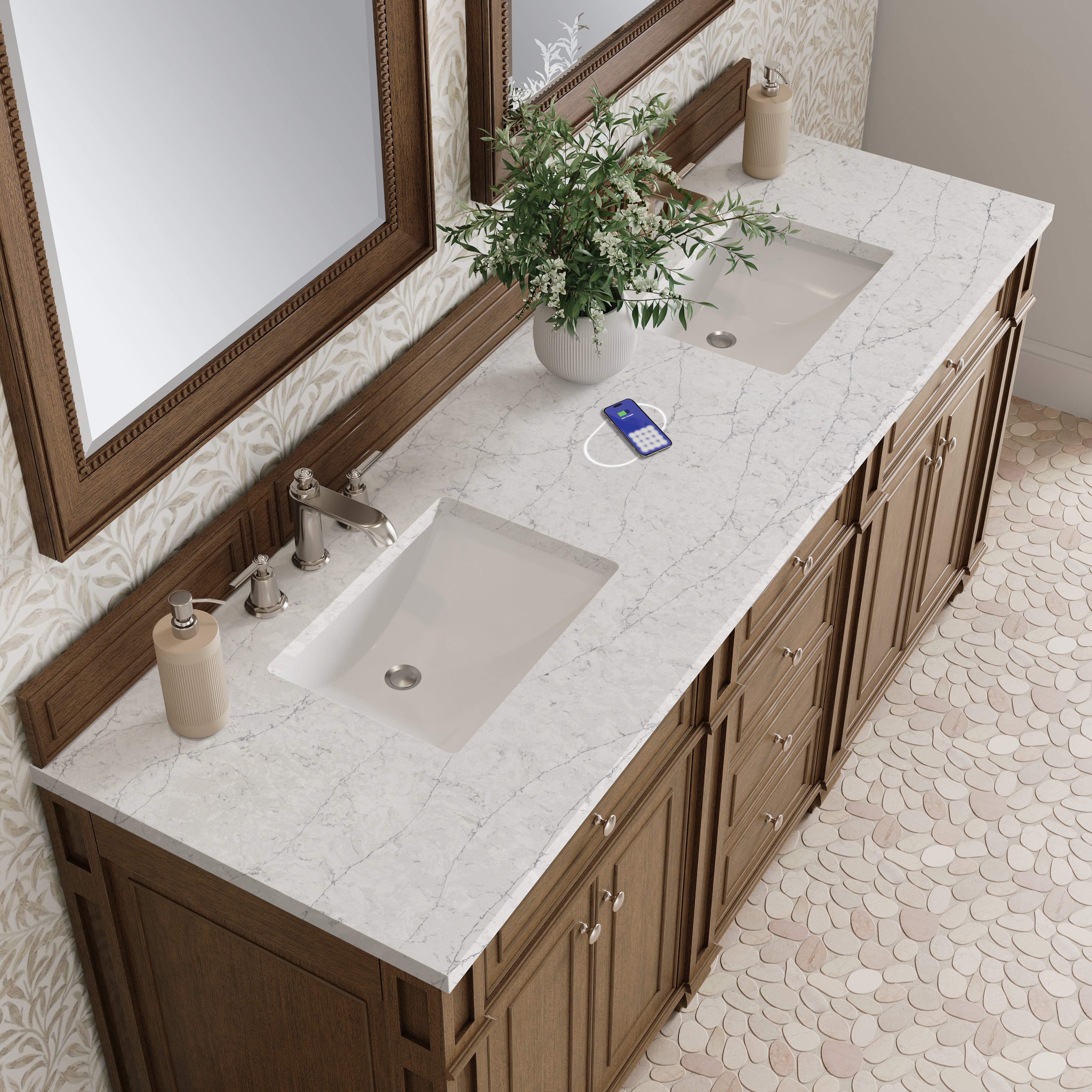 James Martin Bristol 72" Double Vanity in Saddle Brown with 3cm Countertop and FreePower Wireless Charger