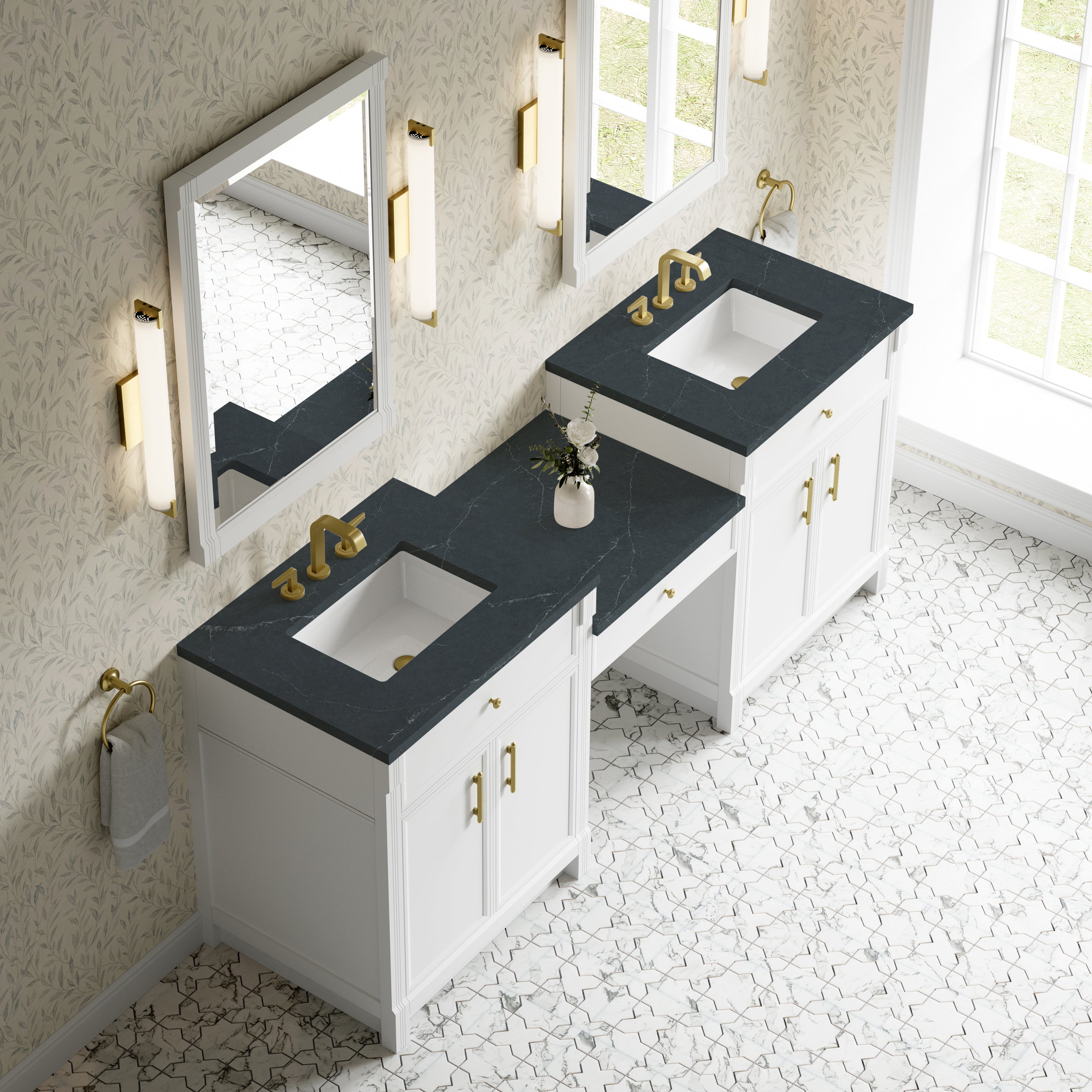 James Martin Bellshire 84" Dual Vanity Set with 24" Make-Up Counter in Bright White with 3cm Countertop