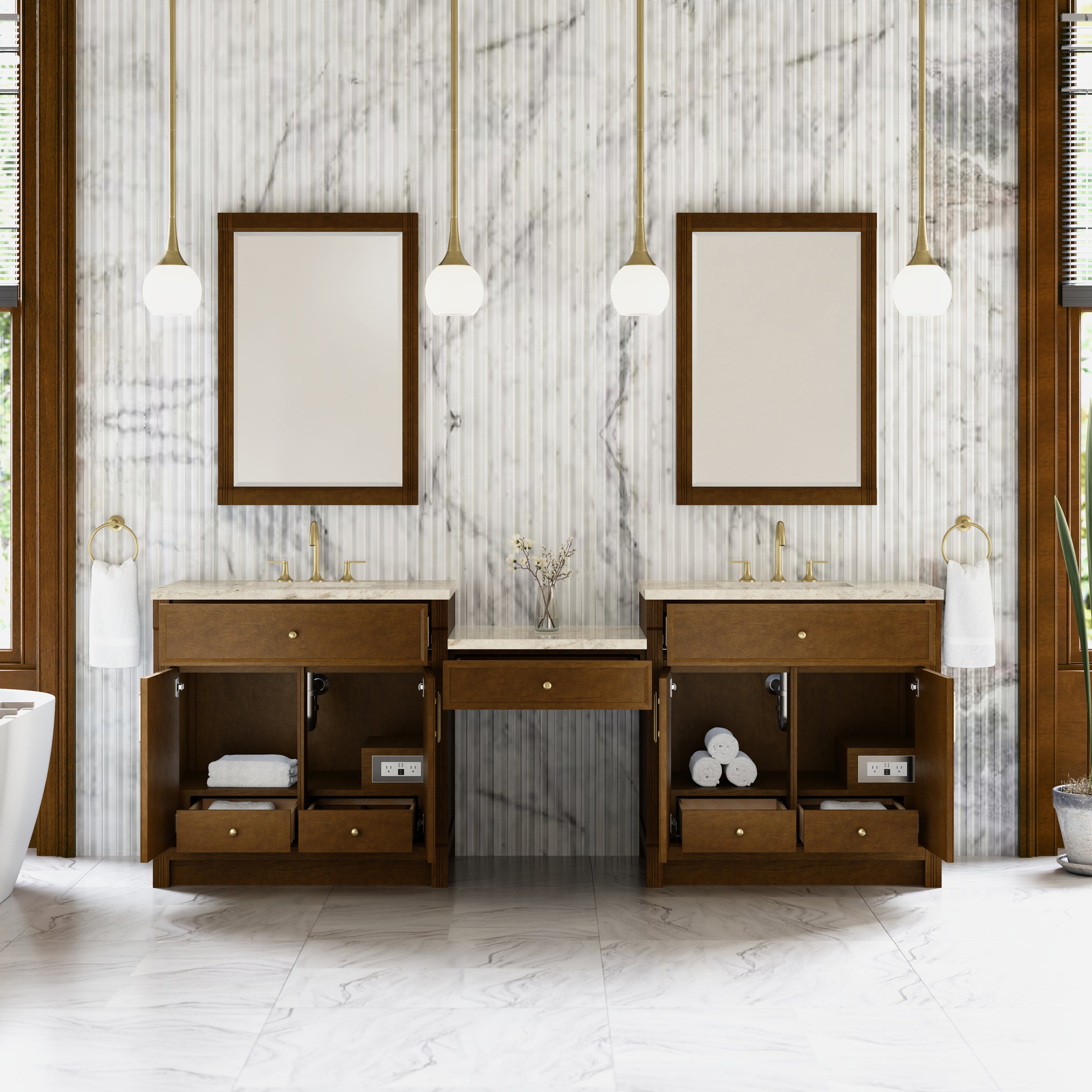 James Martin Bellshire 96" Dual Vanity Set with 24" Make-Up Counter in Honey Oak with 3cm Countertop