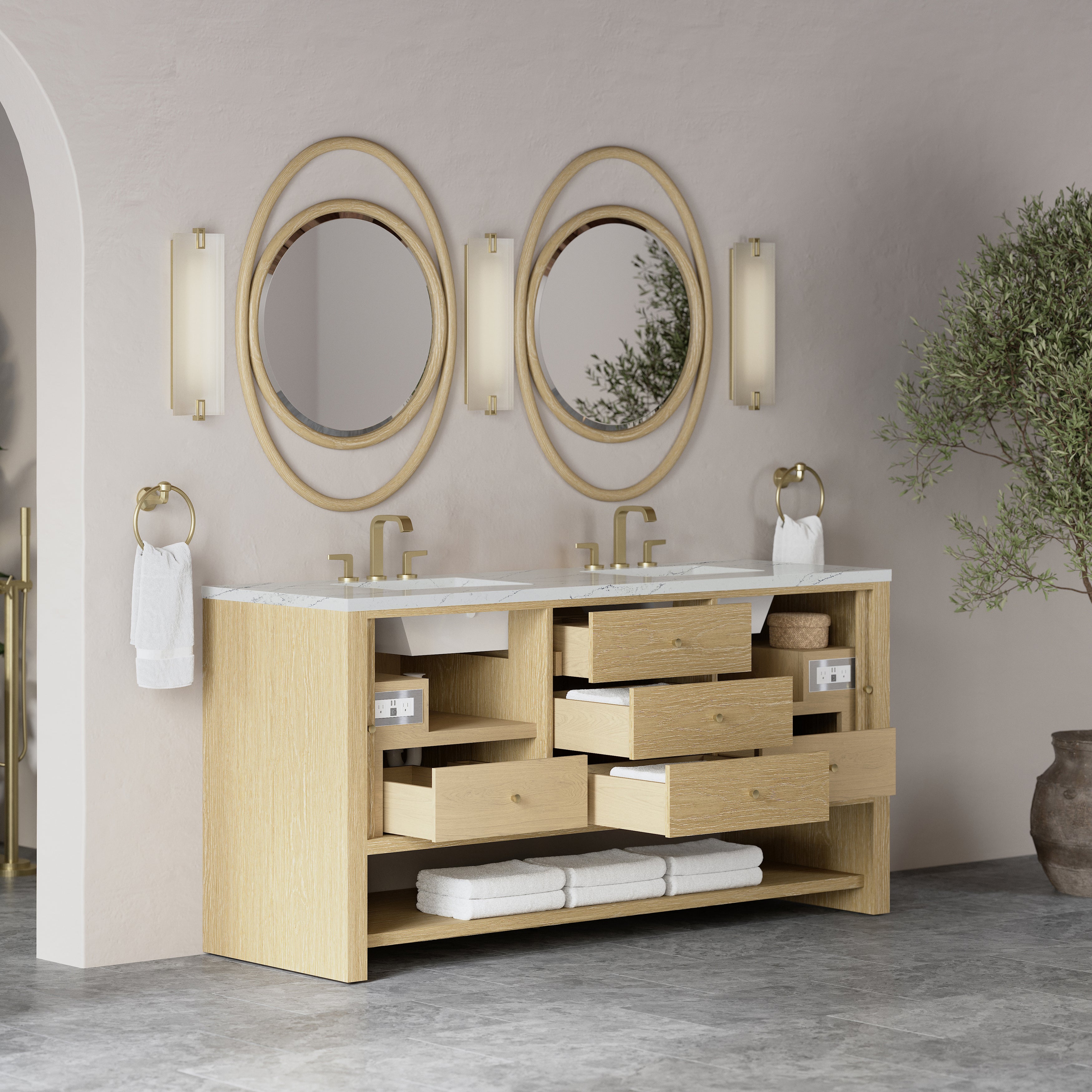 James Martin Marigot 72" Double Vanity in Sunwashed Oak with 3cm Countertop and FreePower Wireless Charger