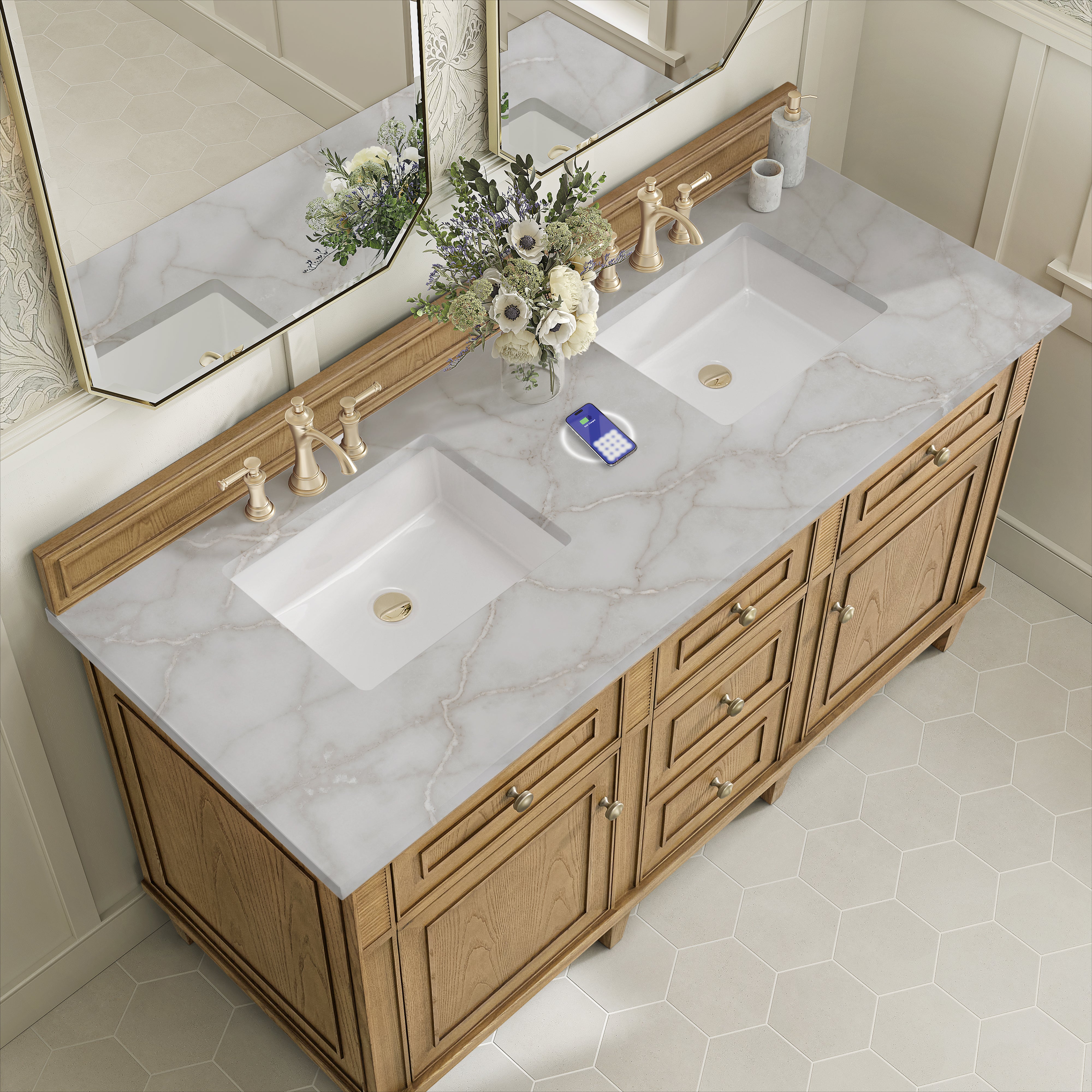 James Martin Lorelai 60" Double Vanity in Light Natural Oak with 3cm Countertop and FreePower Wireless Charger