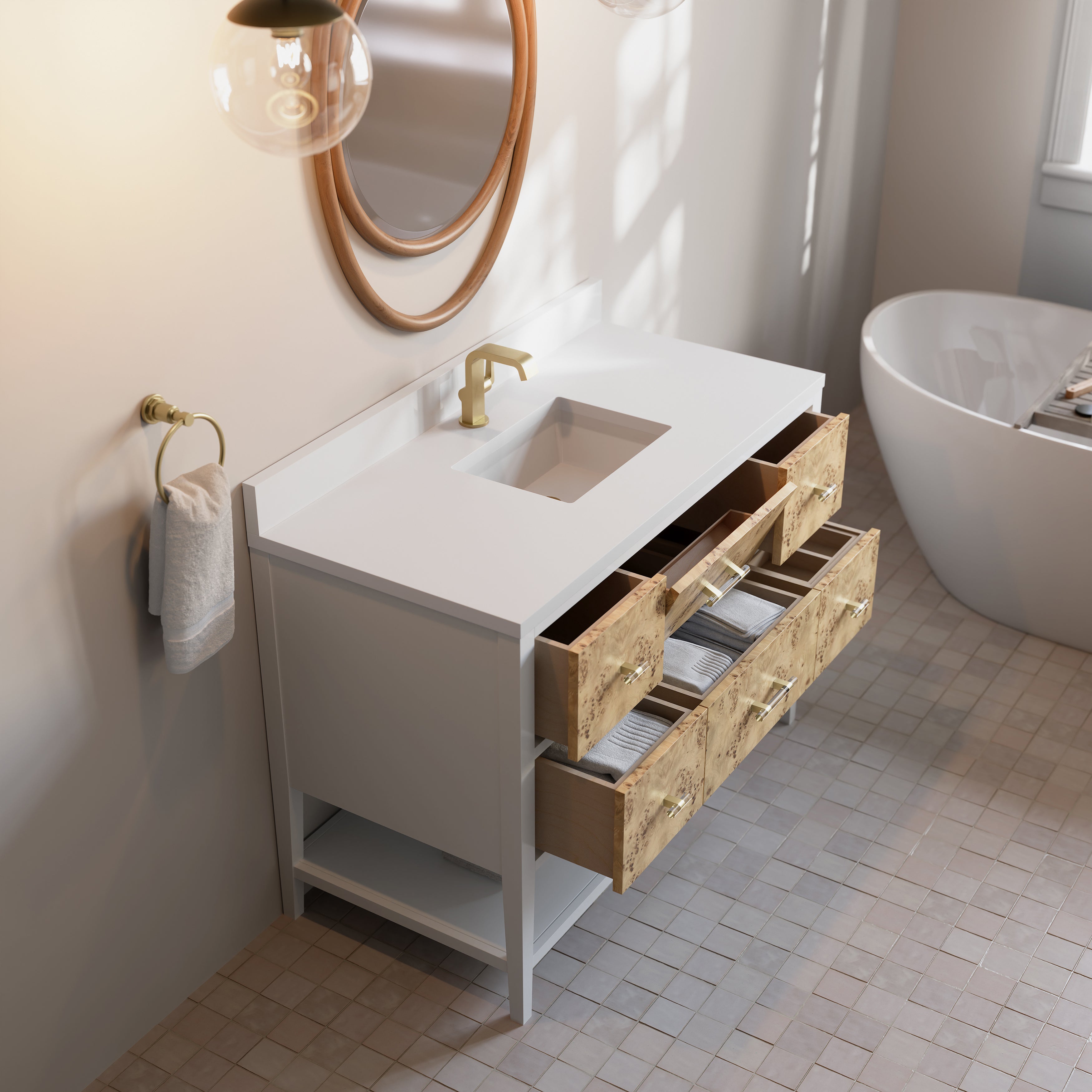 James Martin Olena 48" Single Vanity in Light Mappa Burl and Polished White with 3cm Countertop