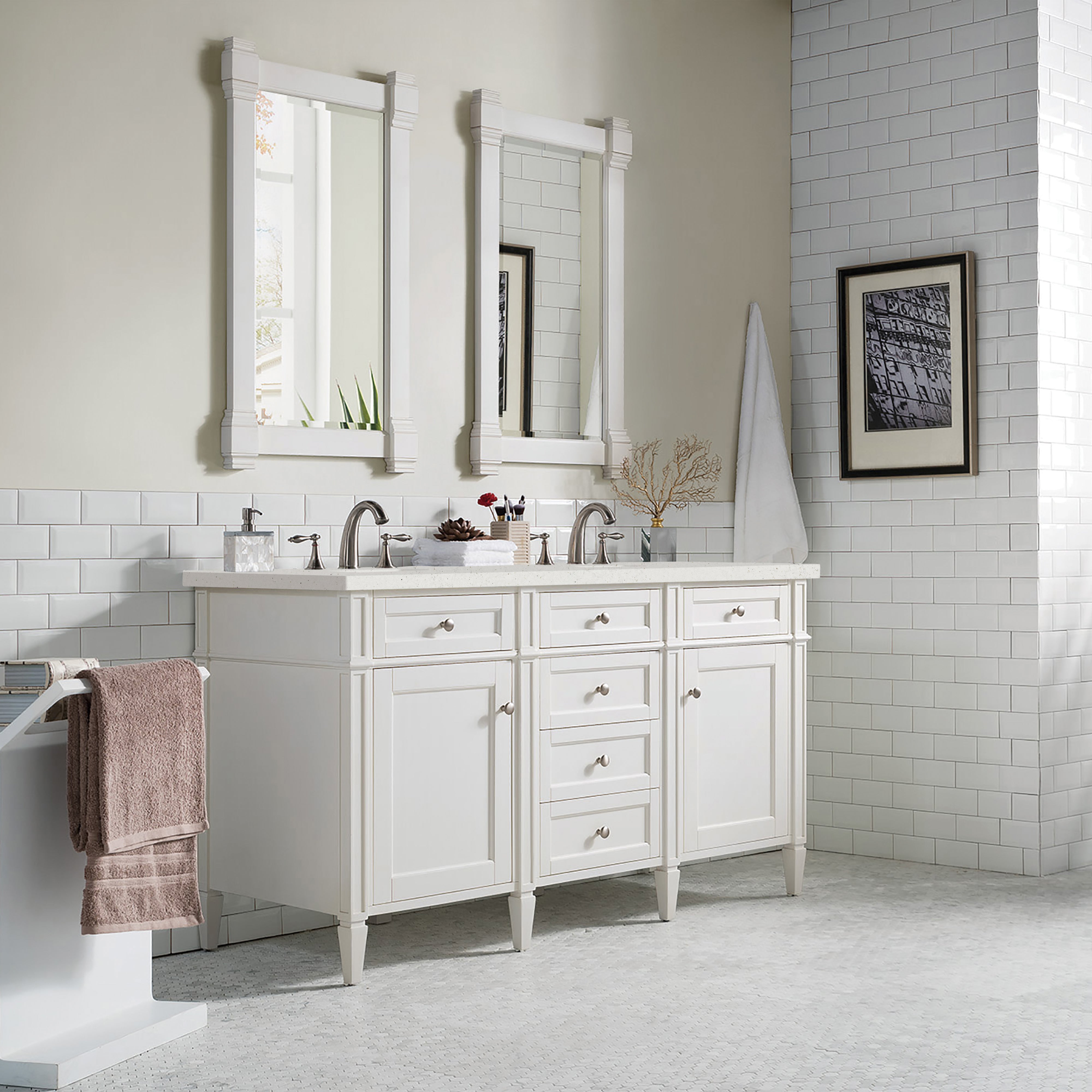 James Martin Brittany 60" Double Vanity in Bright White with 3cm Countertop