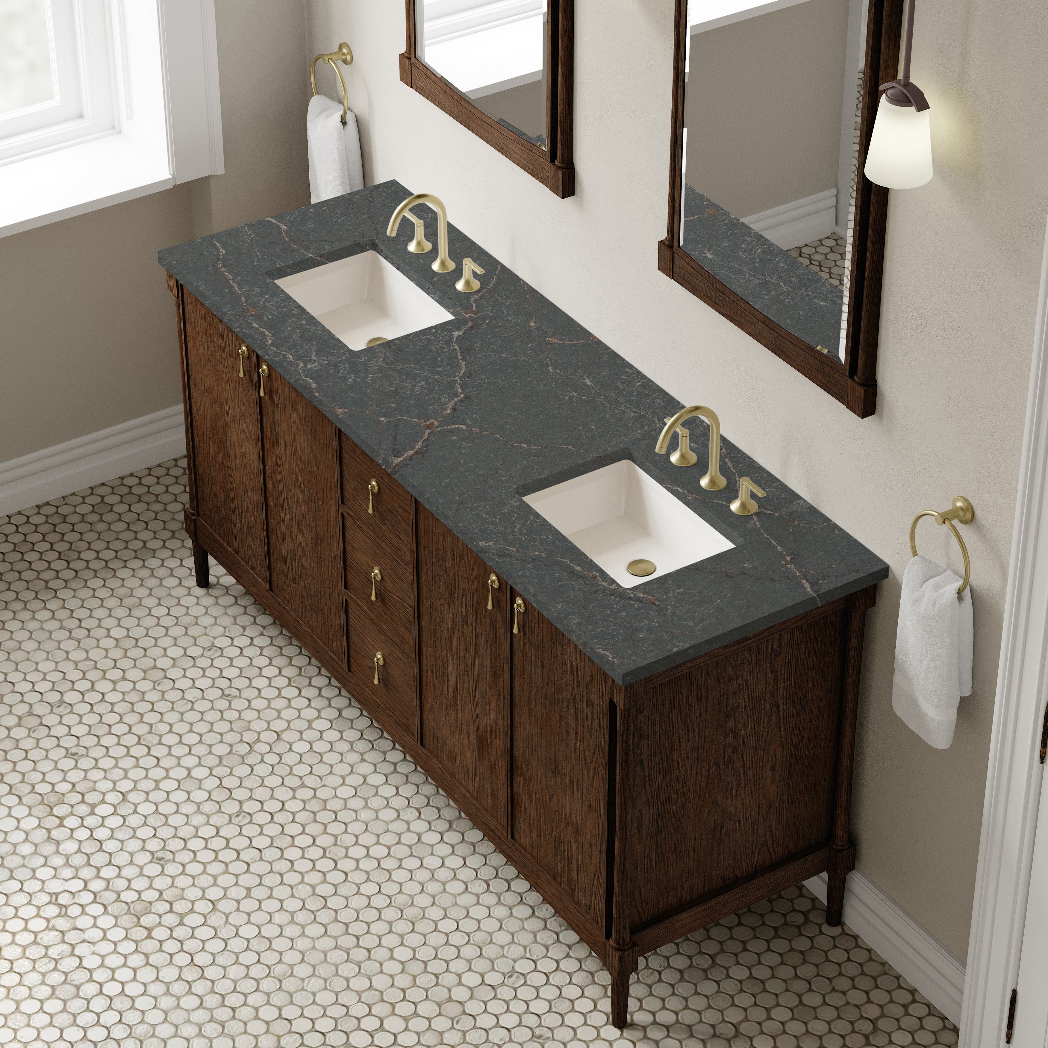 James Martin Kinnsden 72" Double Vanity in Sable Oak with 3cm Carrara Marble Top