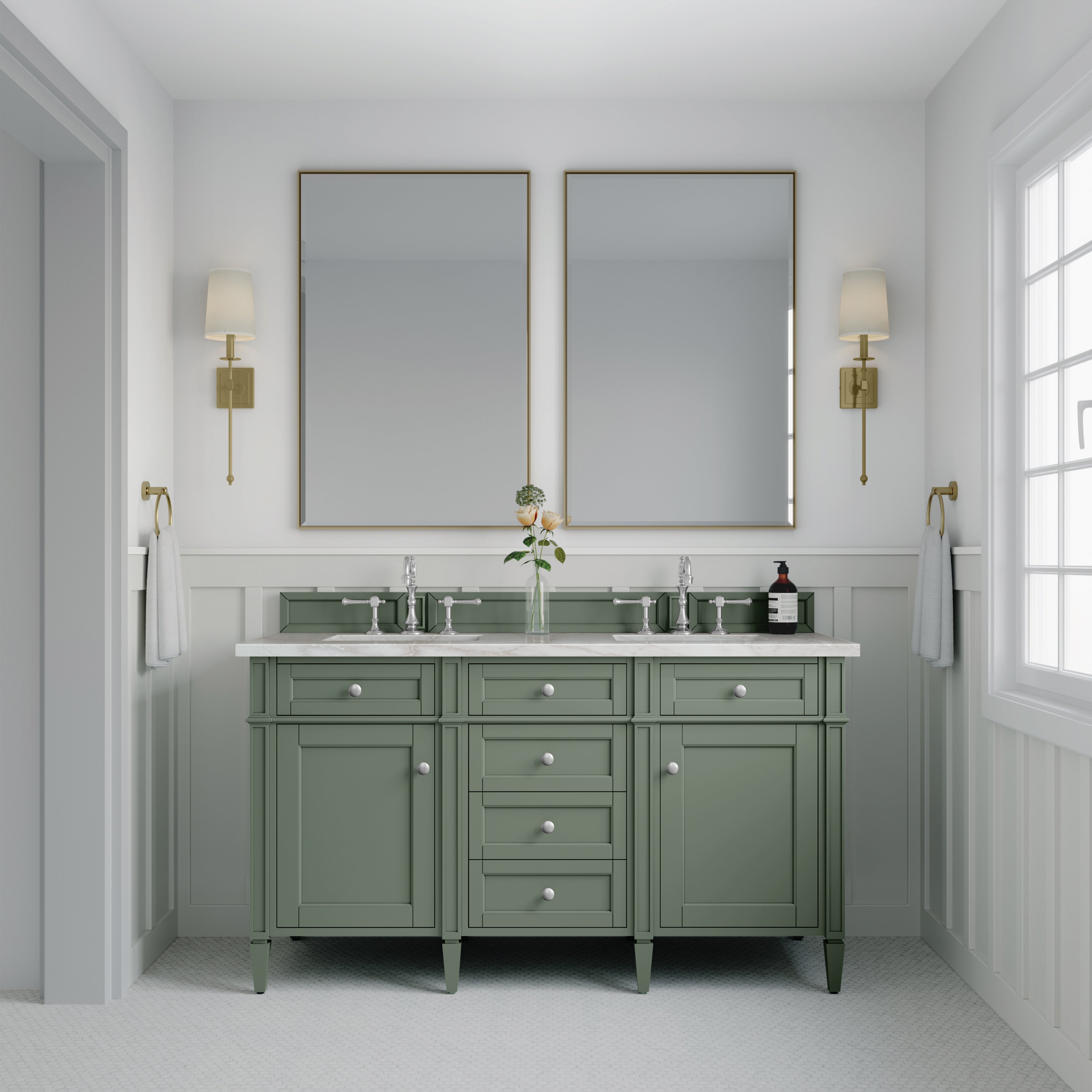 James Martin Brittany 60" Double Vanity in Smokey Celadon with 3cm Countertop and FreePower Wireless Charger