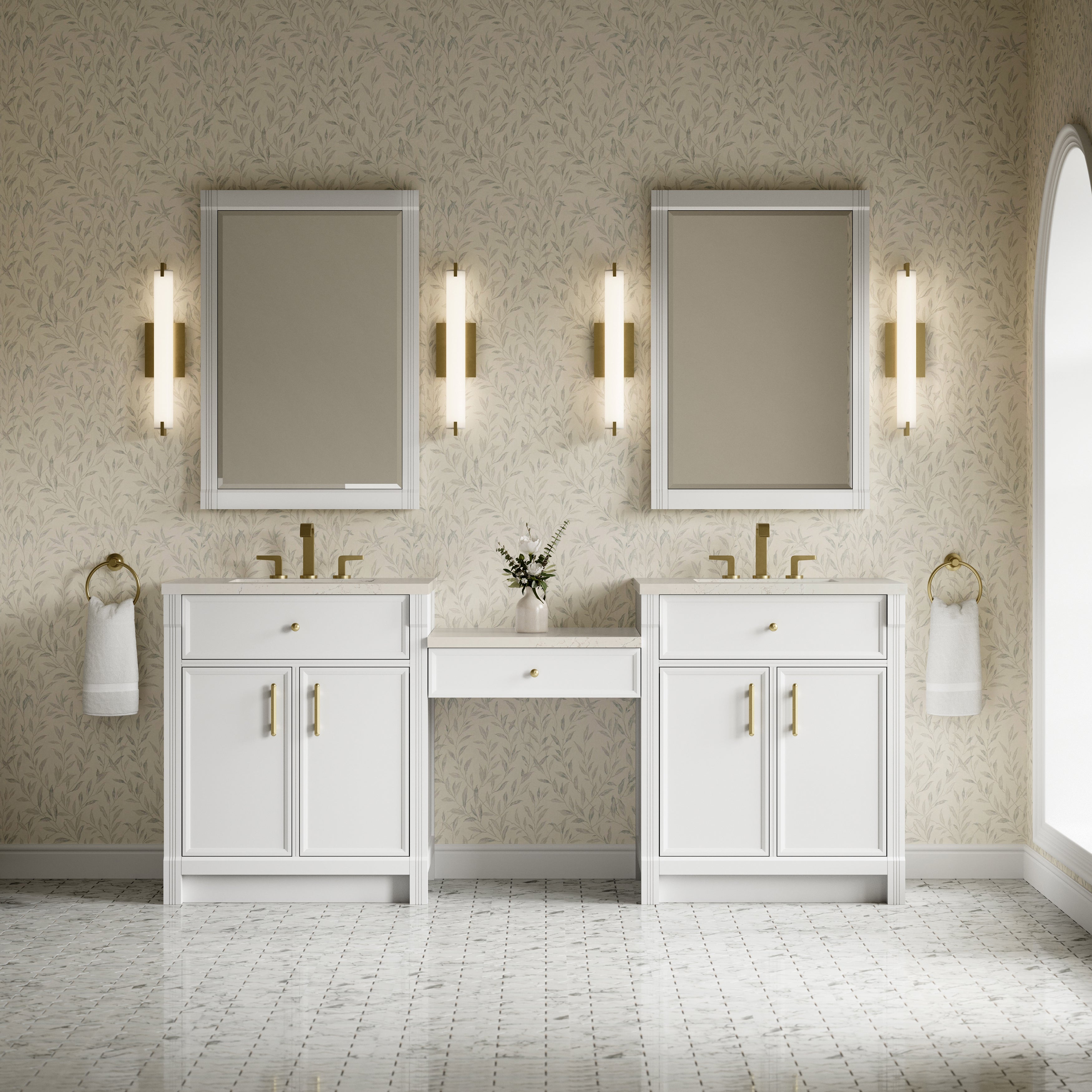 James Martin Bellshire 84" Dual Vanity Set with 24" Make-Up Counter in Bright White with 3cm Countertop
